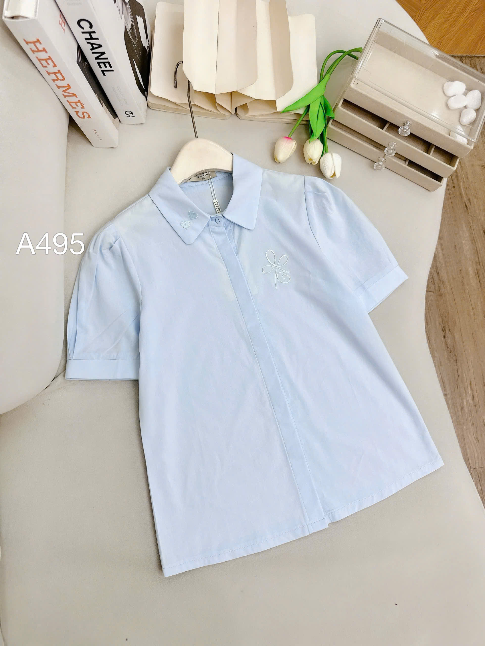 A495 áo thô cộc tay thêu ngực