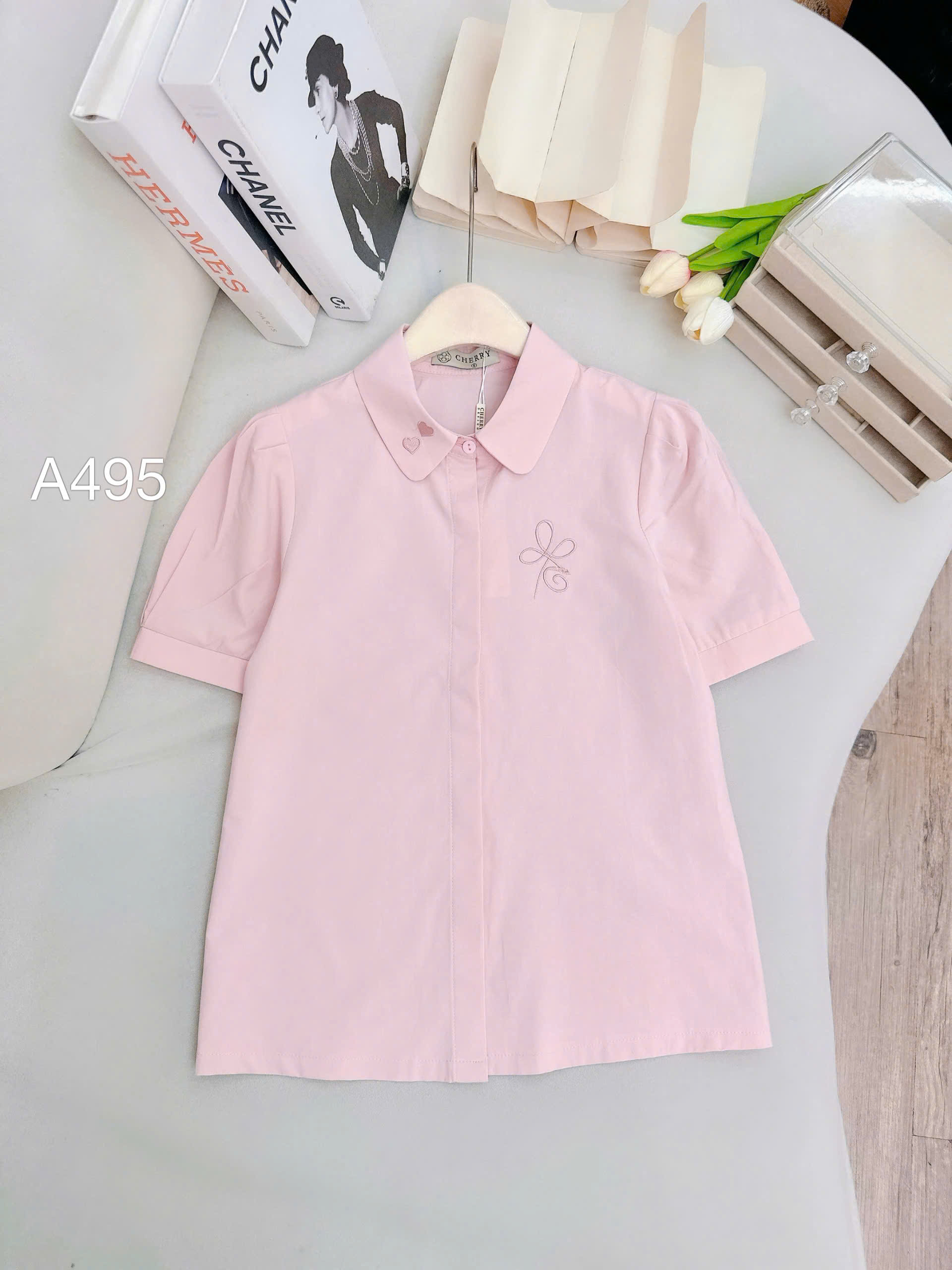 A495 áo thô cộc tay thêu ngực