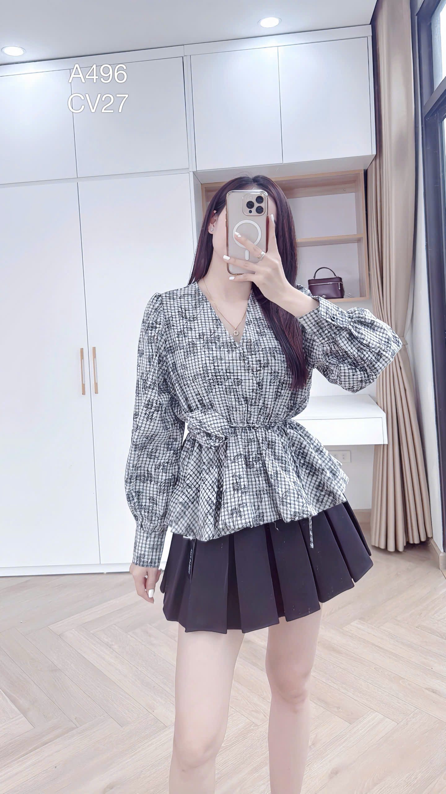 A496 Áo sơ mi kẻ buộc hoa