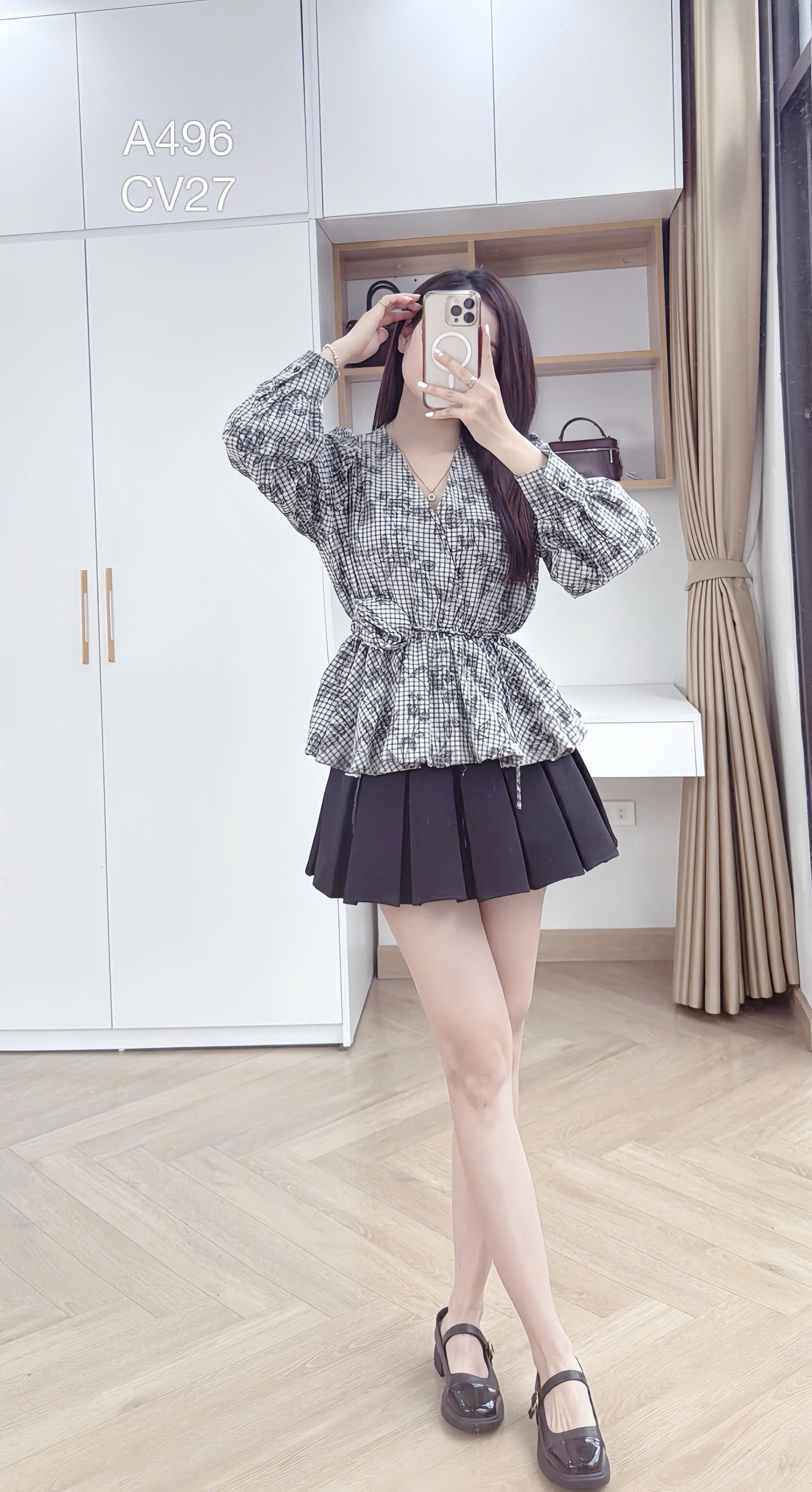 A496 Áo sơ mi kẻ buộc hoa