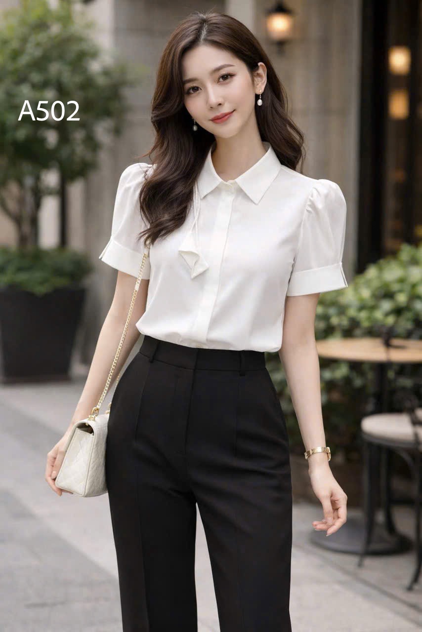 A502 Áo sơ mi lụa tay cộc hoa dây