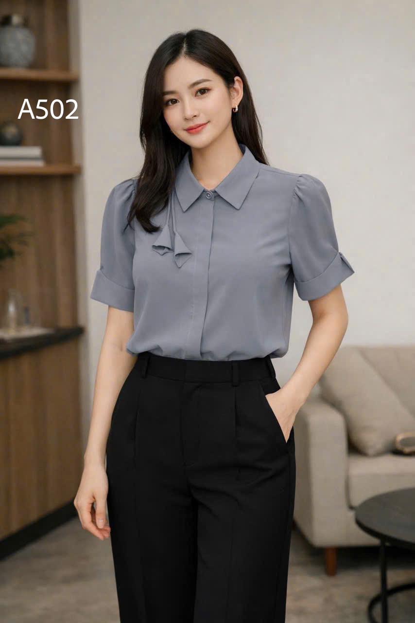 A502 Áo sơ mi lụa tay cộc hoa dây