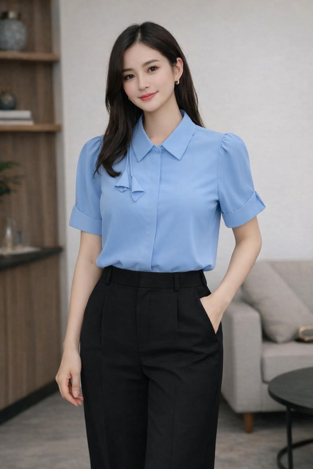 A502 Áo sơ mi lụa tay cộc hoa dây