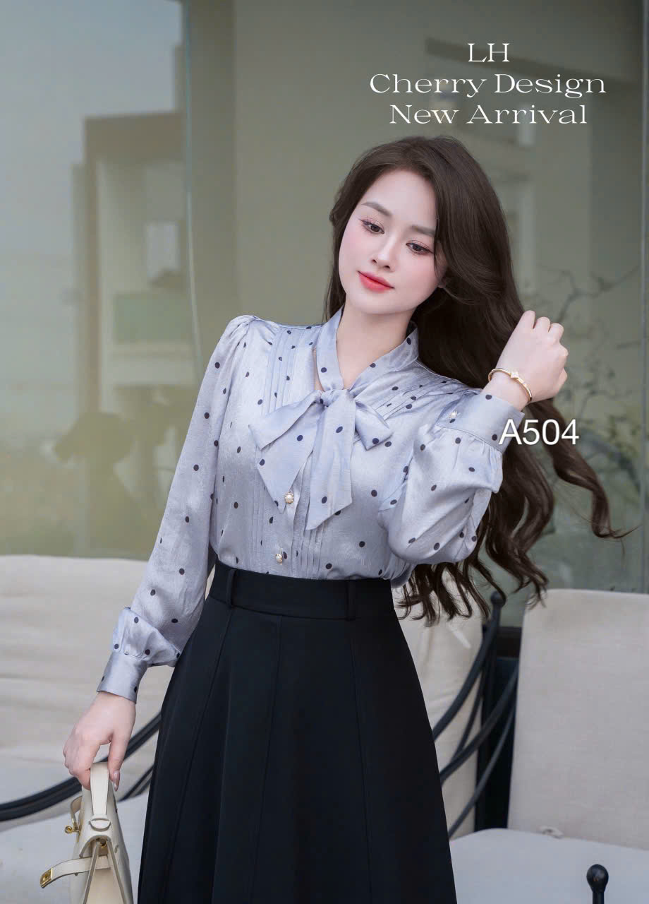 A504 Áo sơ mi chấm bi buộc nơ