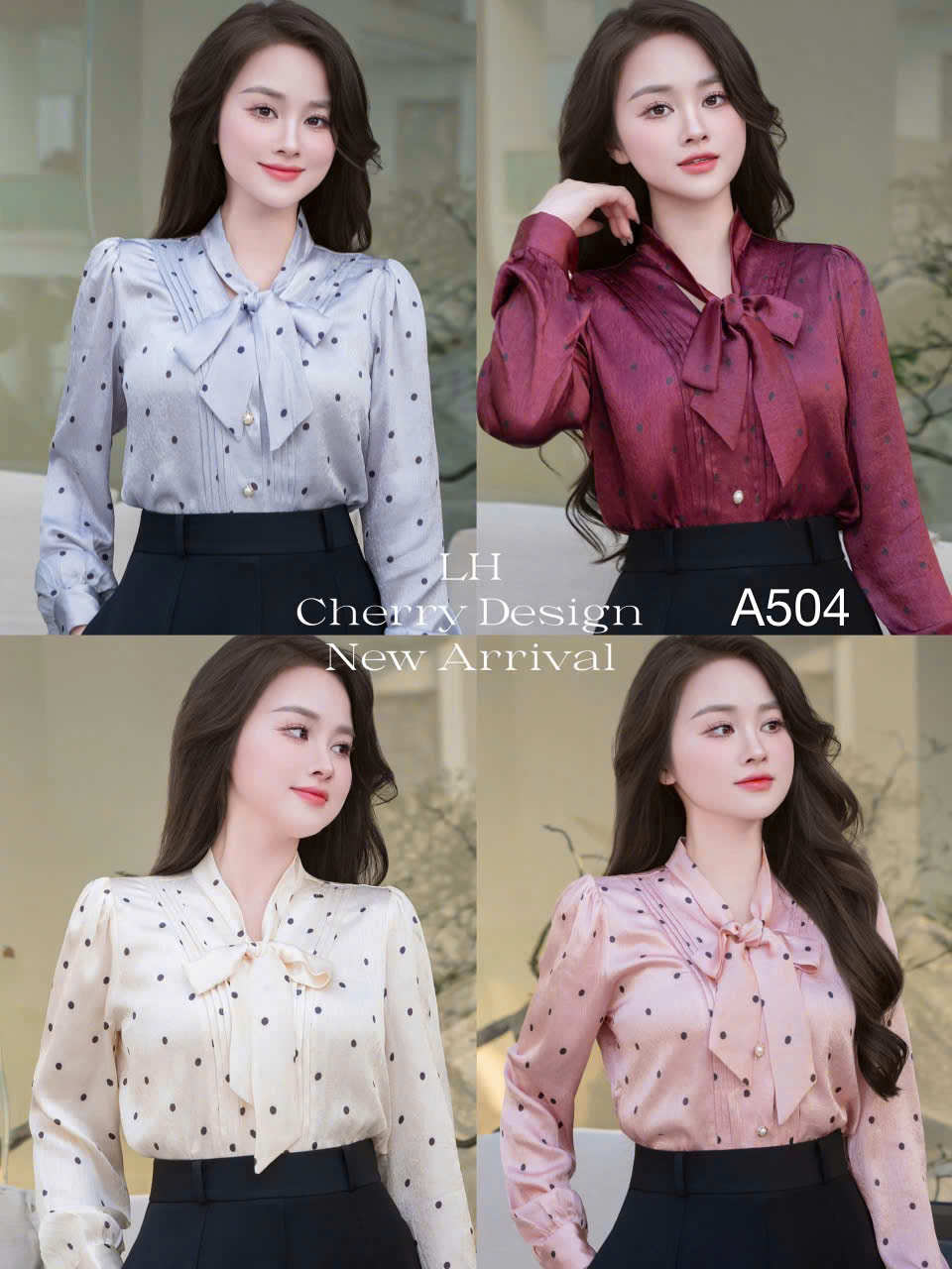 A504 Áo sơ mi chấm bi buộc nơ