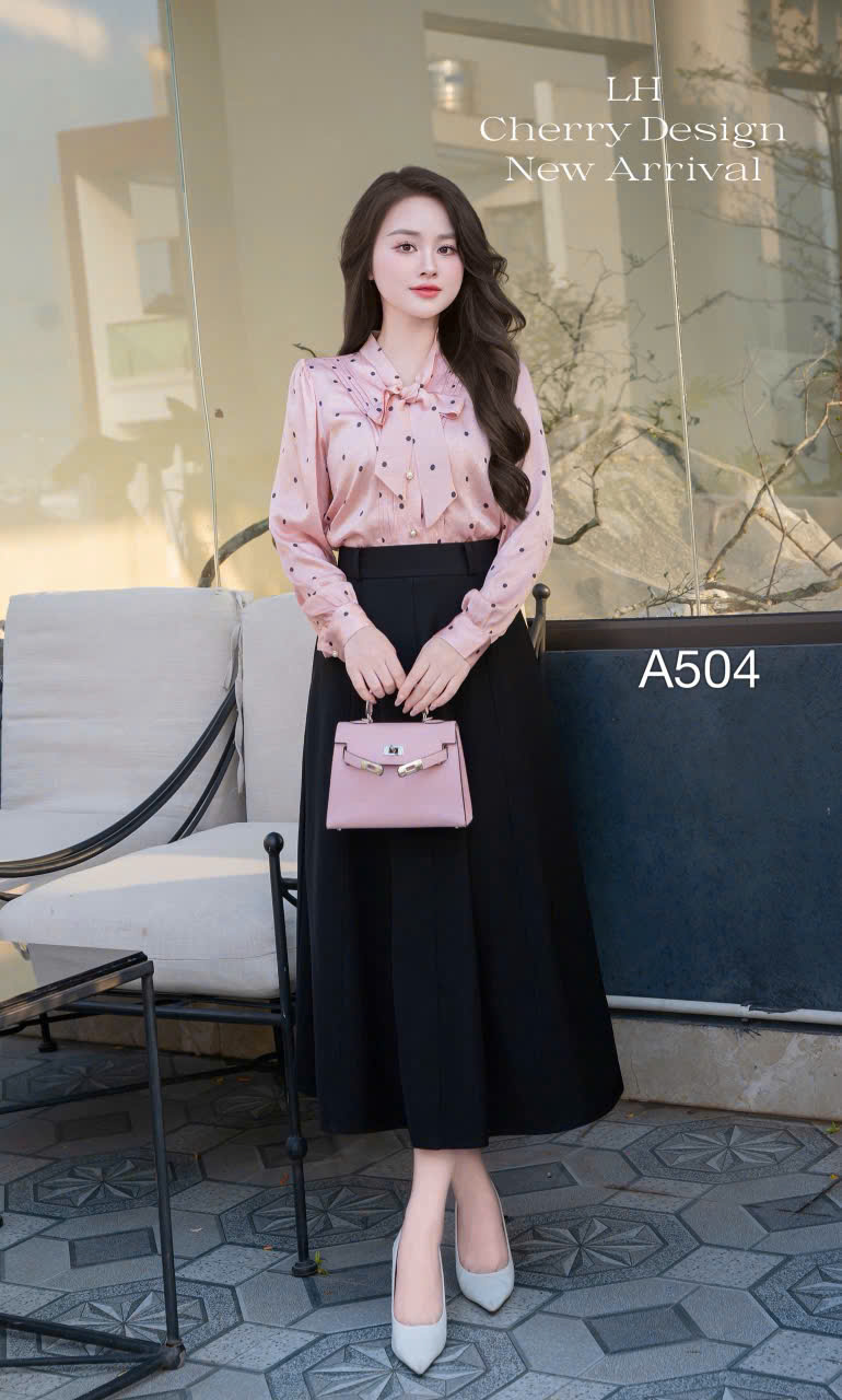 A504 Áo sơ mi chấm bi buộc nơ