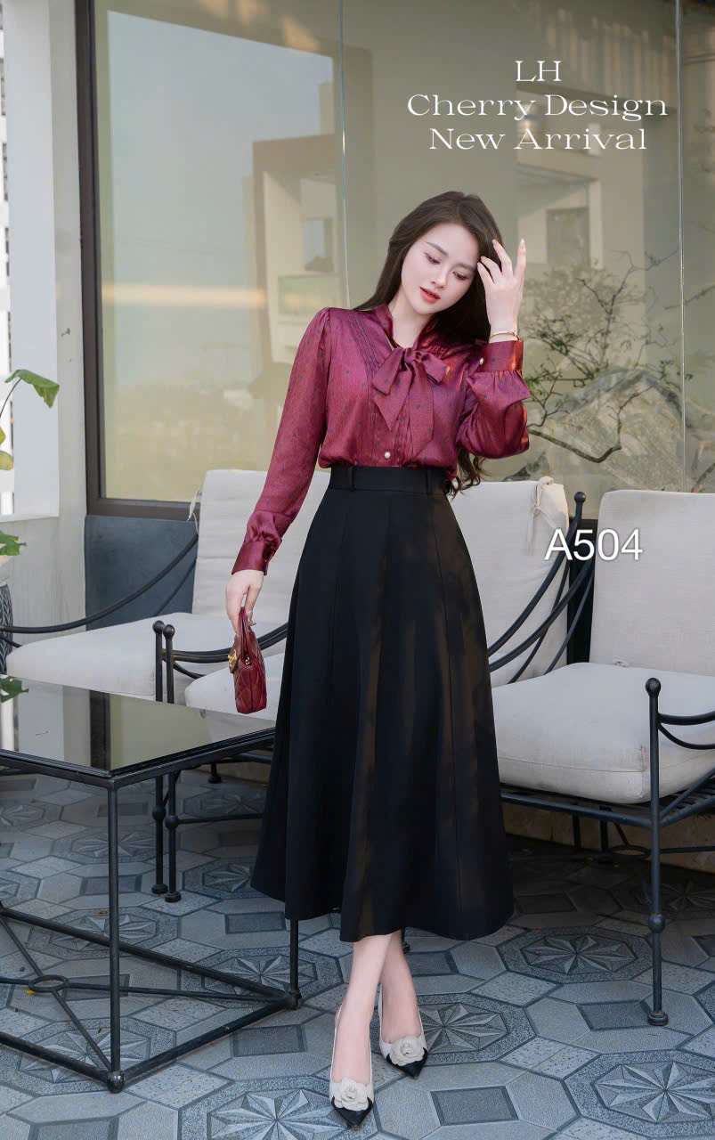 A504 Áo sơ mi chấm bi buộc nơ
