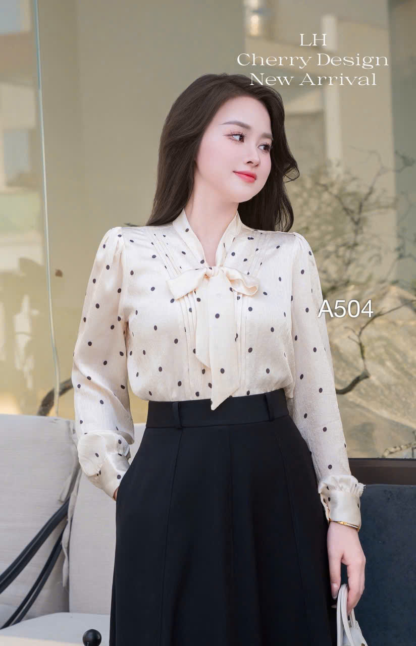 A504 Áo sơ mi chấm bi buộc nơ
