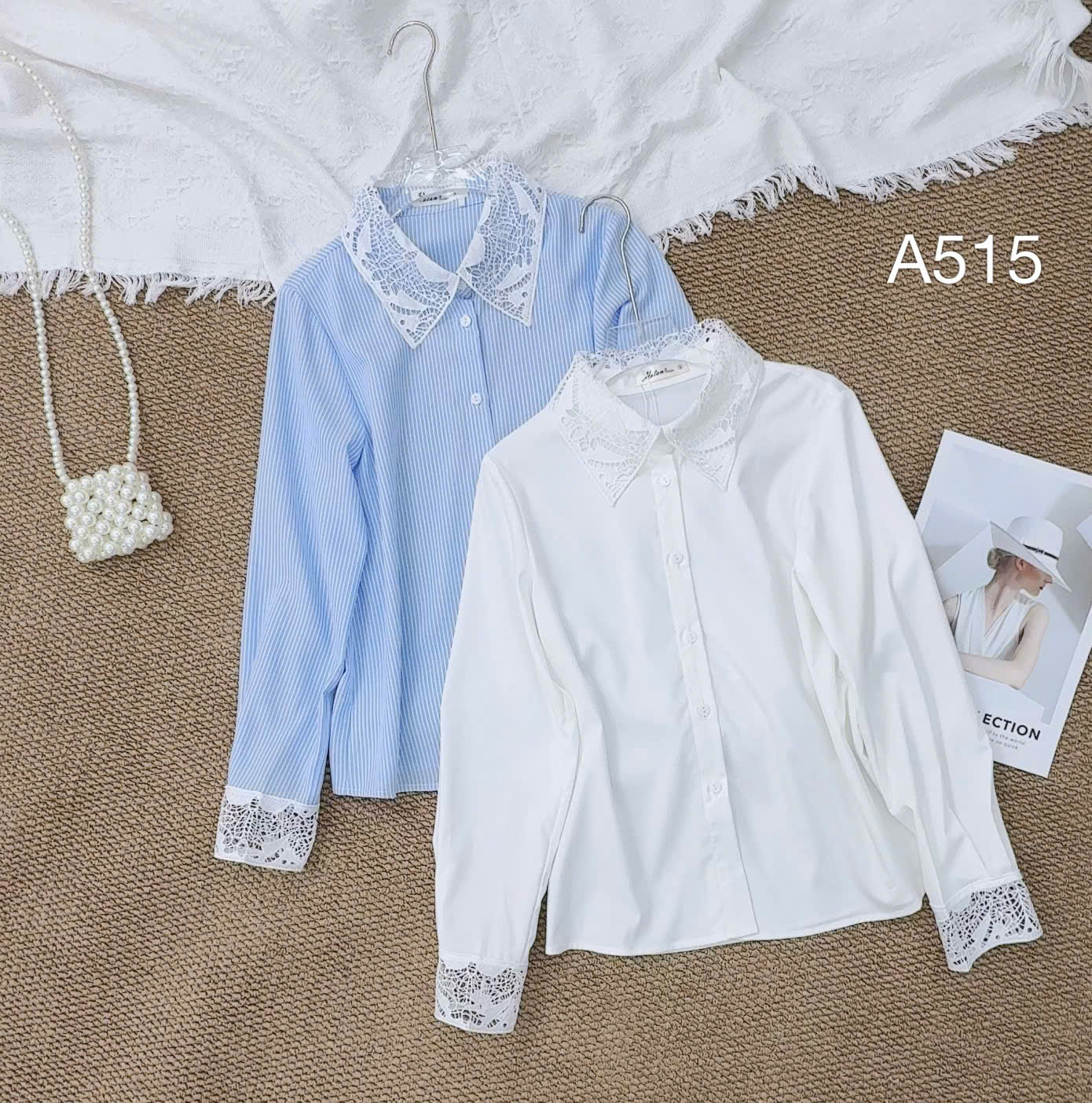 A515 áo cổ ren tay ren