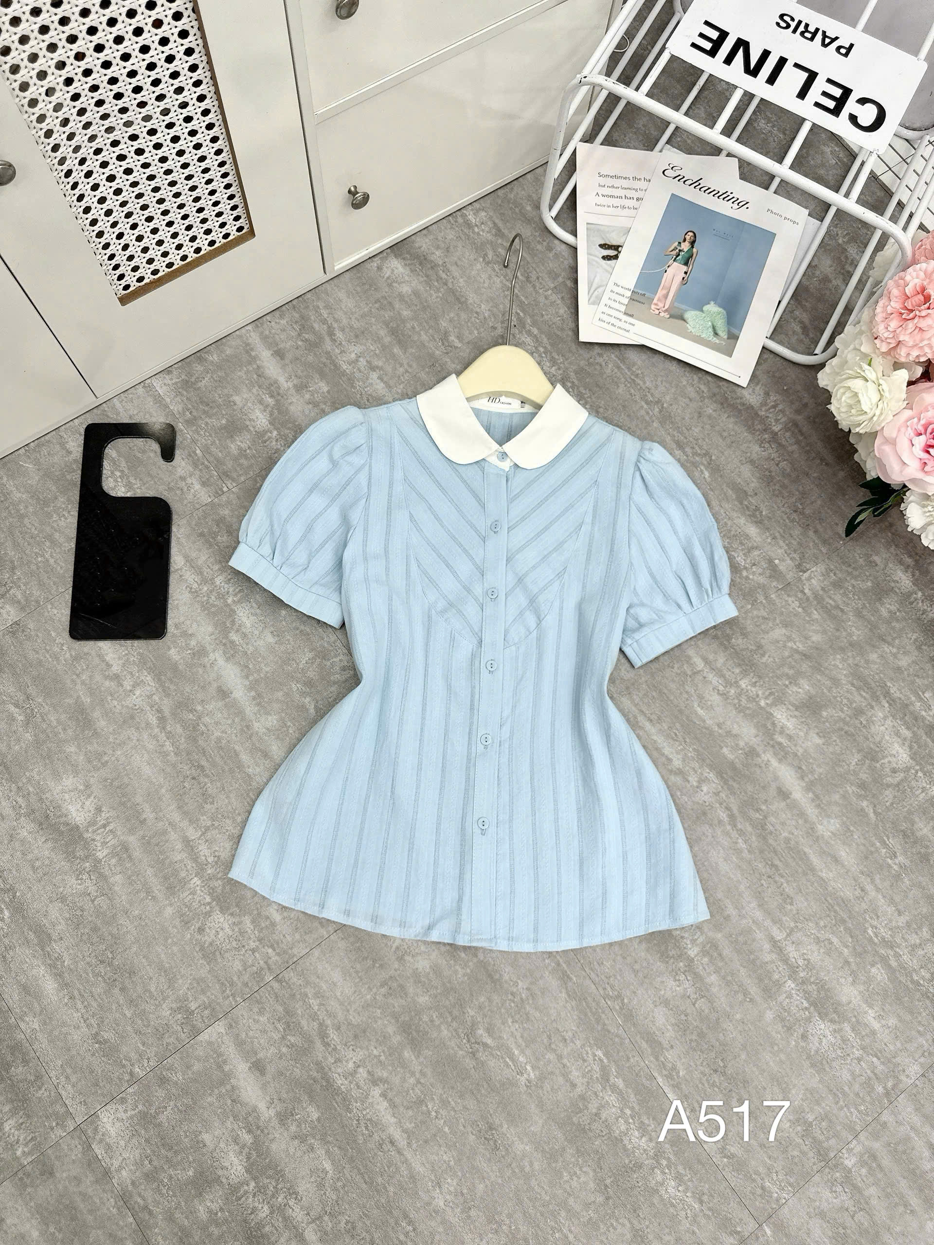A517 Áo sơ mi kẻ tay bồng