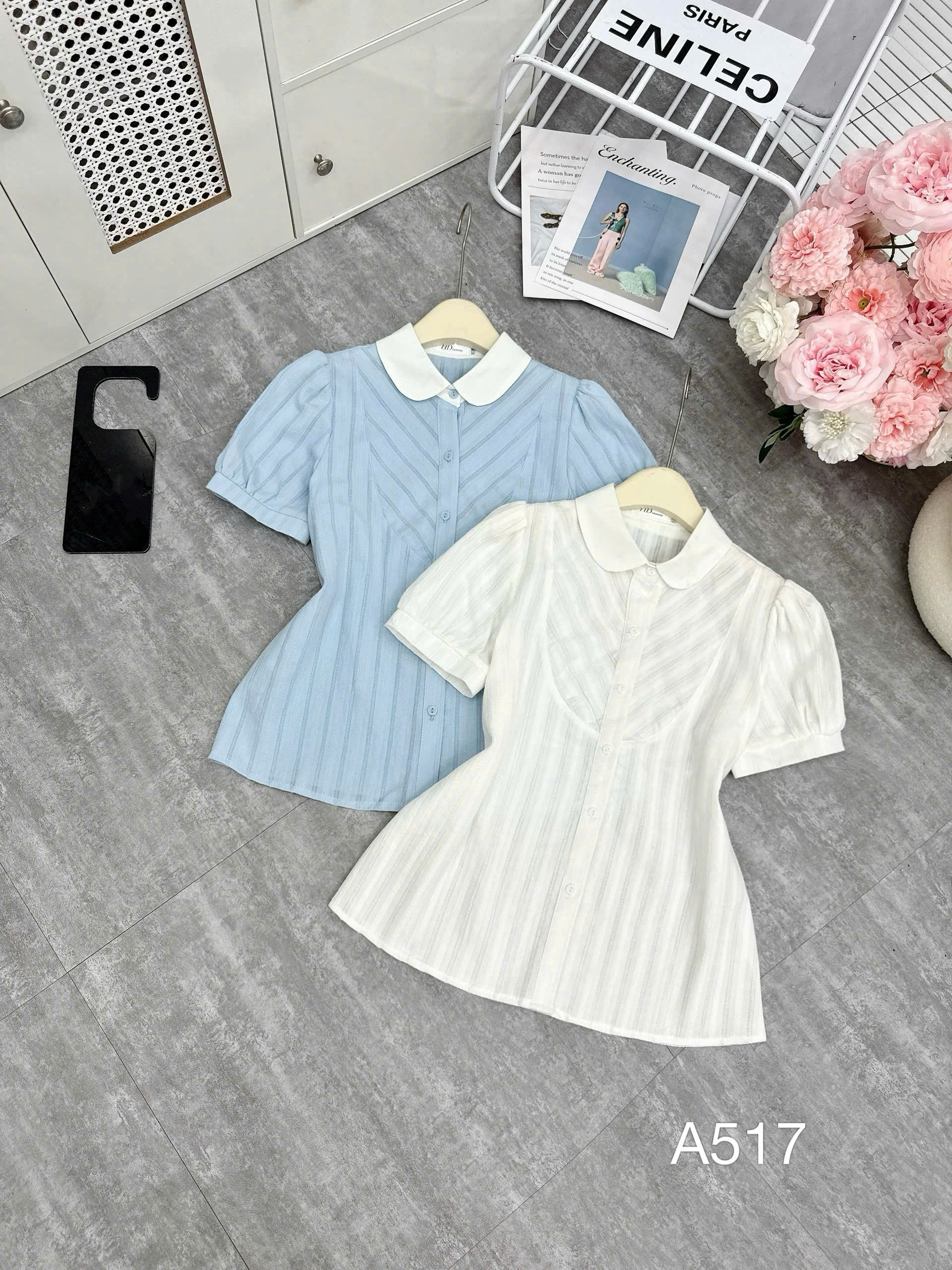 A517 Áo sơ mi kẻ tay bồng
