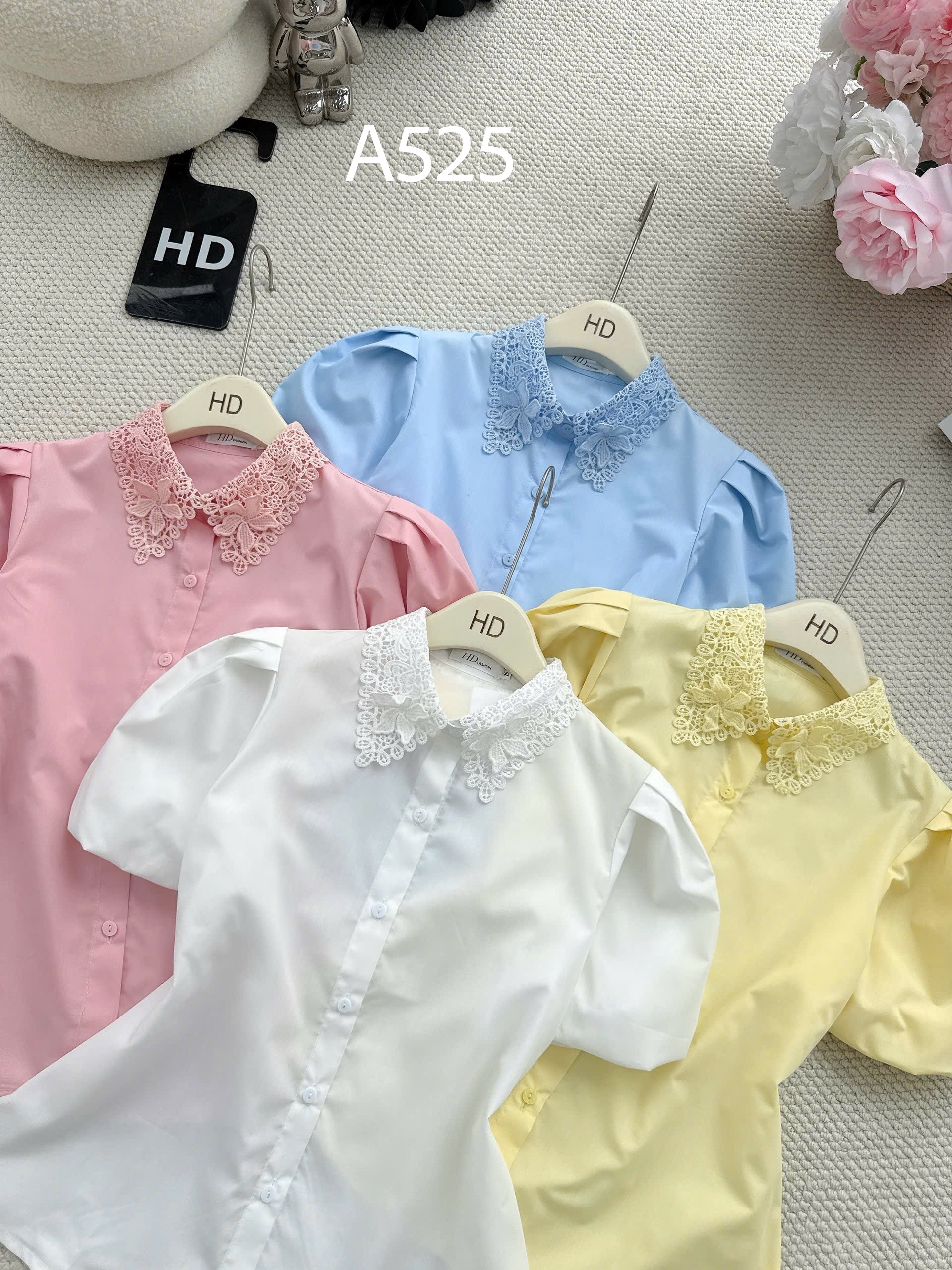 A525 Áo sơ mi thô tay bồng cổ ren