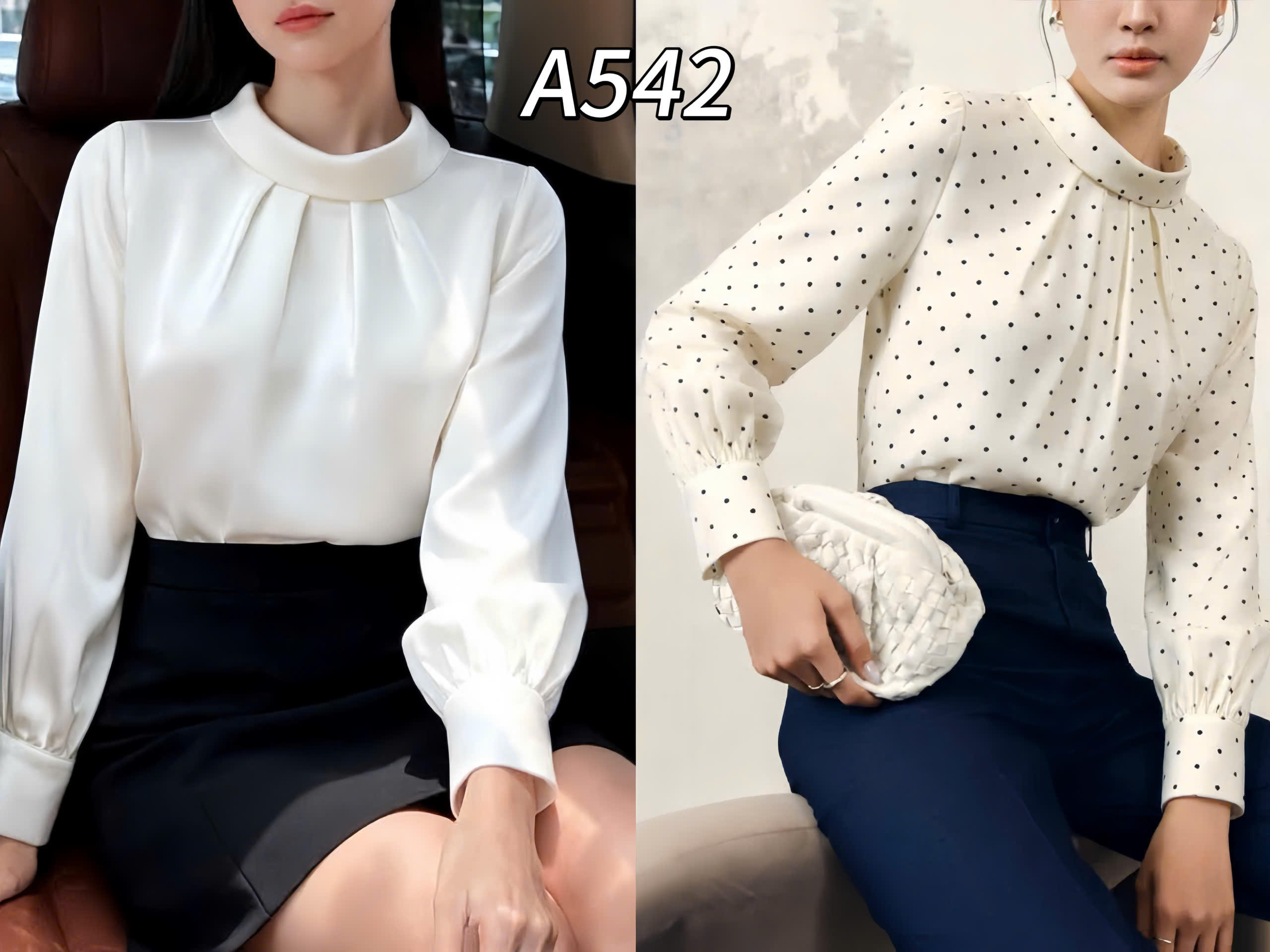 A542 áo lụa cổ tròn gấp