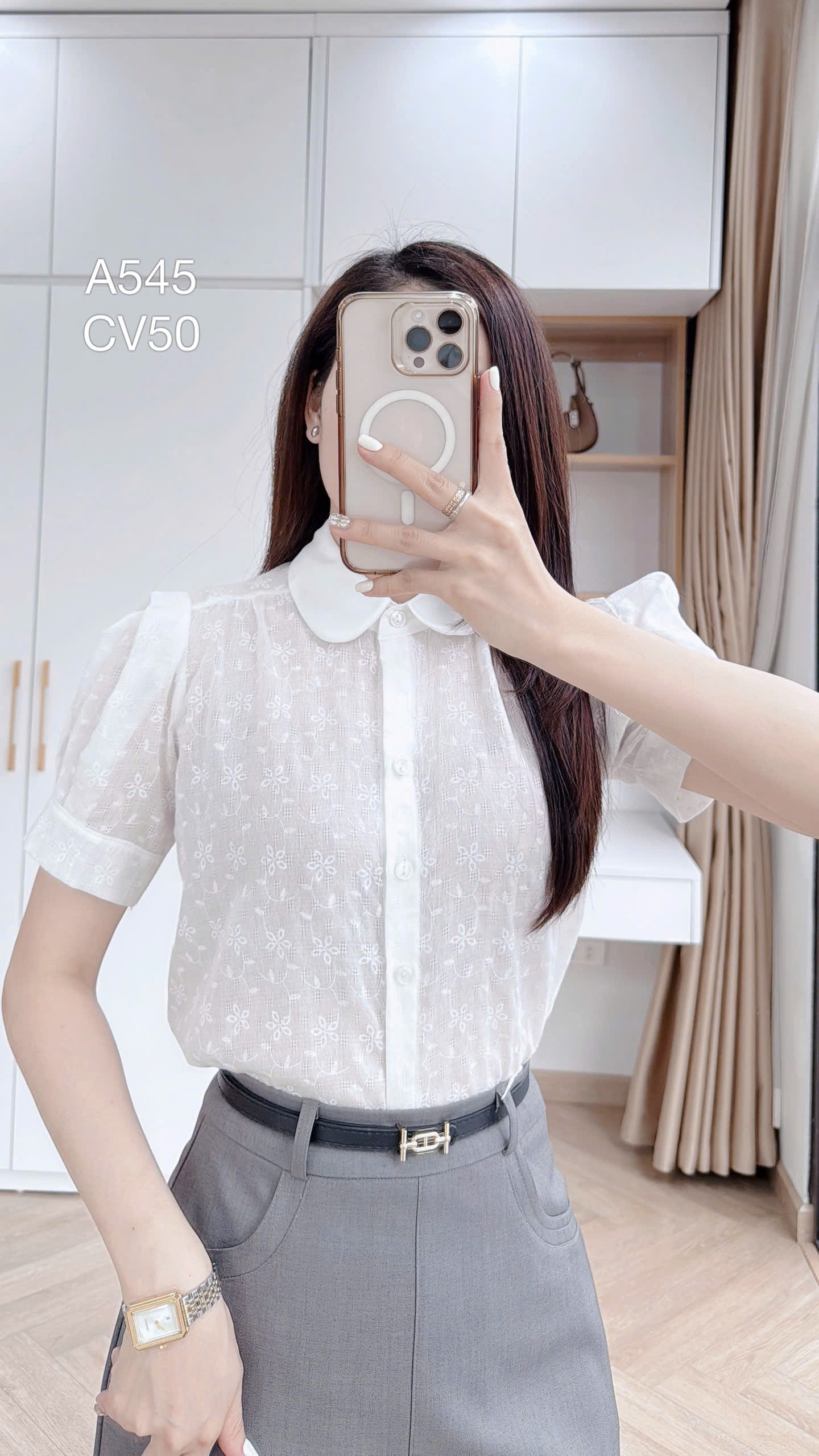 A545 áo hoa nhí tay bồng cổ trắng