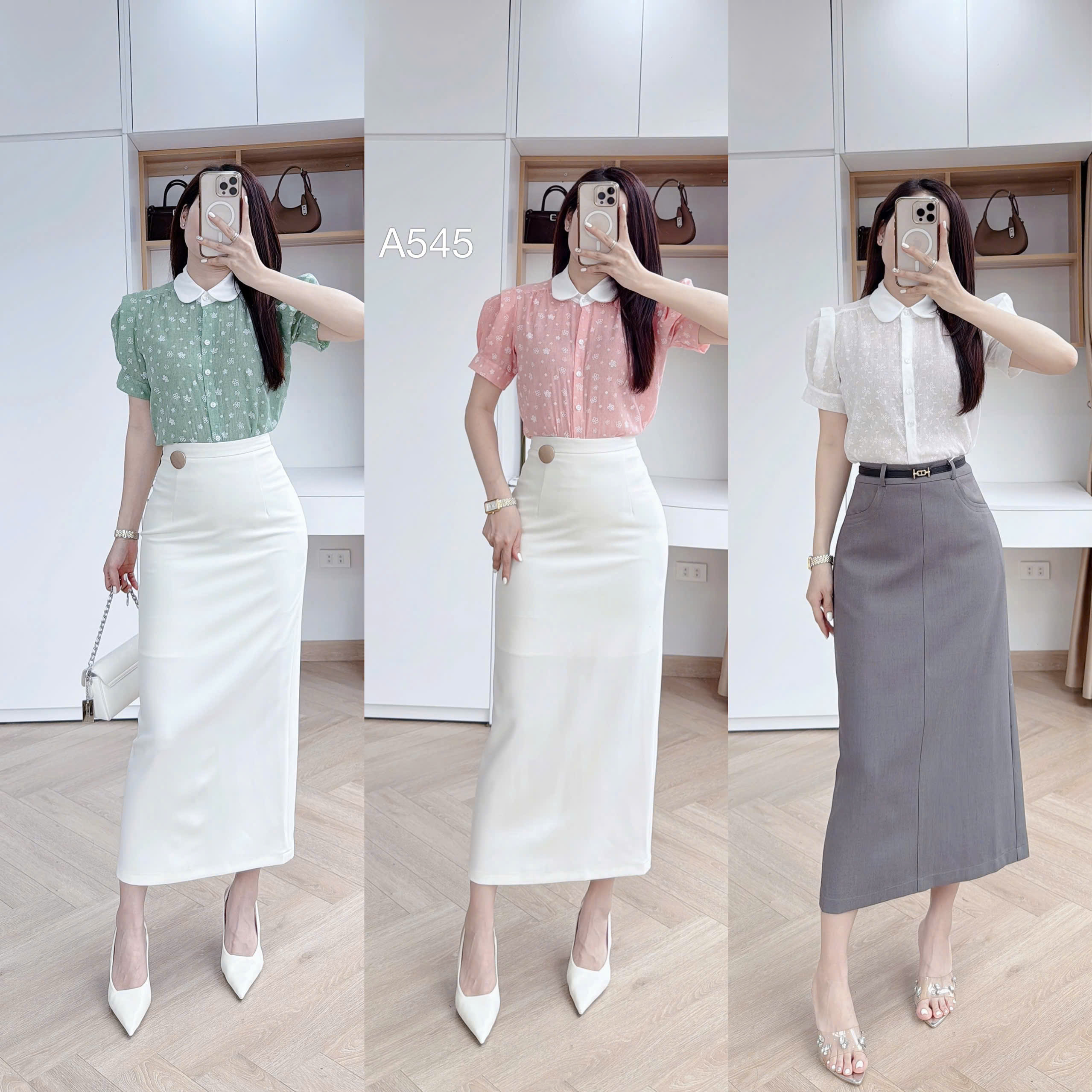 A545 áo hoa nhí tay bồng cổ trắng