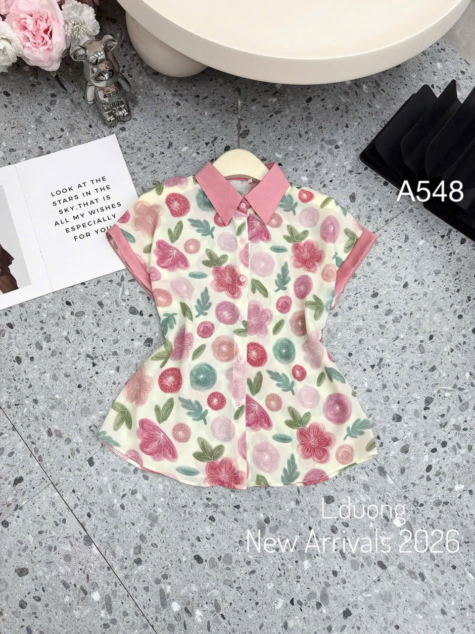 A548 Áo sơ mi hoa cổ phối màu
