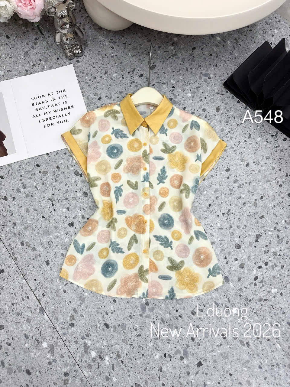 A548 Áo sơ mi hoa cổ phối màu