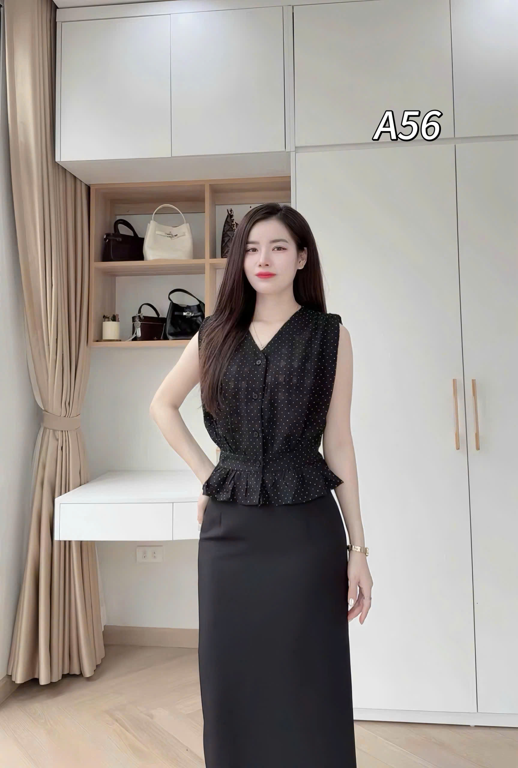 A56 áo cổ V rút eo