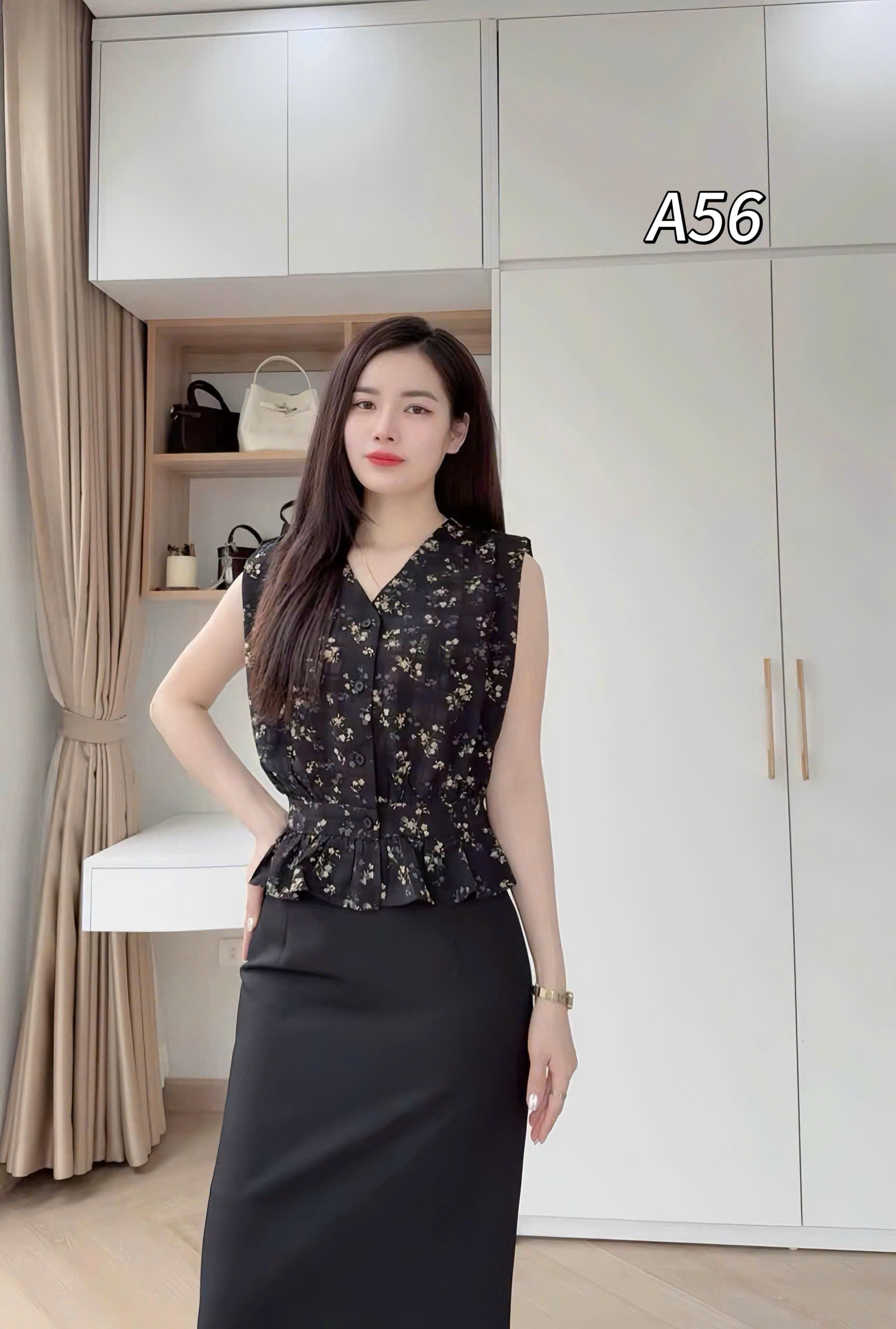 A56 áo cổ V rút eo