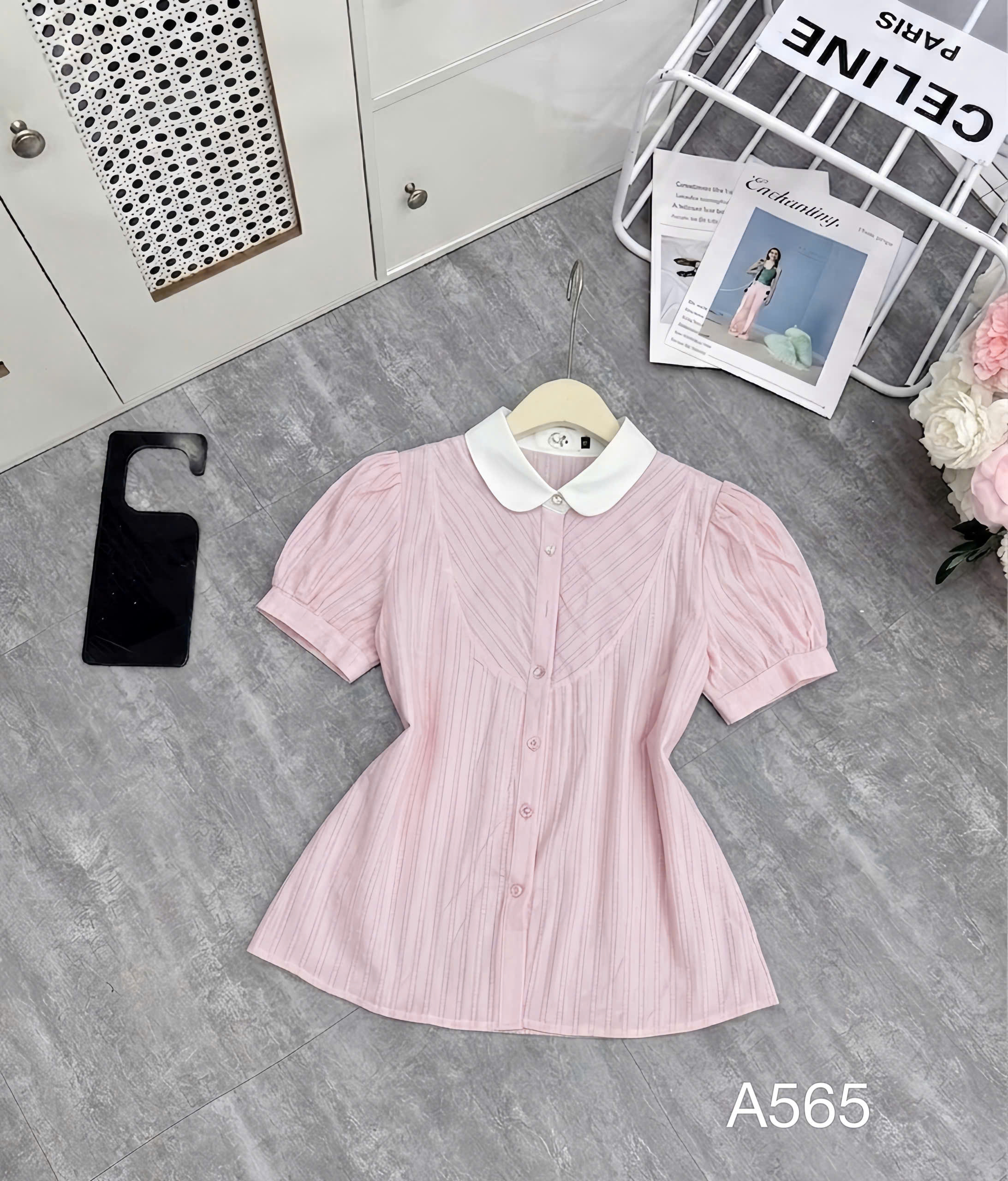 A565 Áo sơ mi cổ yếm tay bồng - Hồng - M