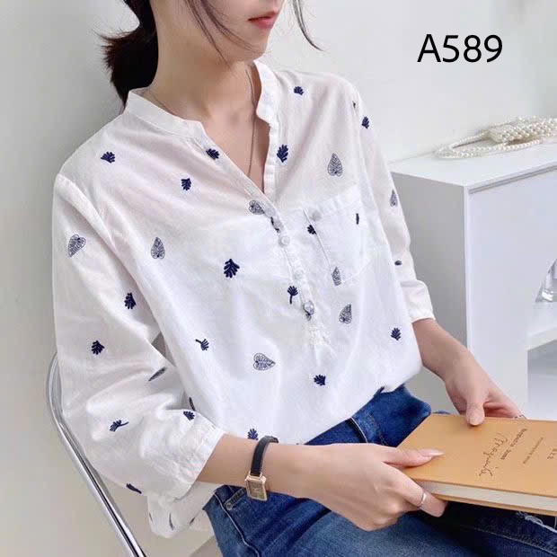 A589 Áo sơ mi thêu lá