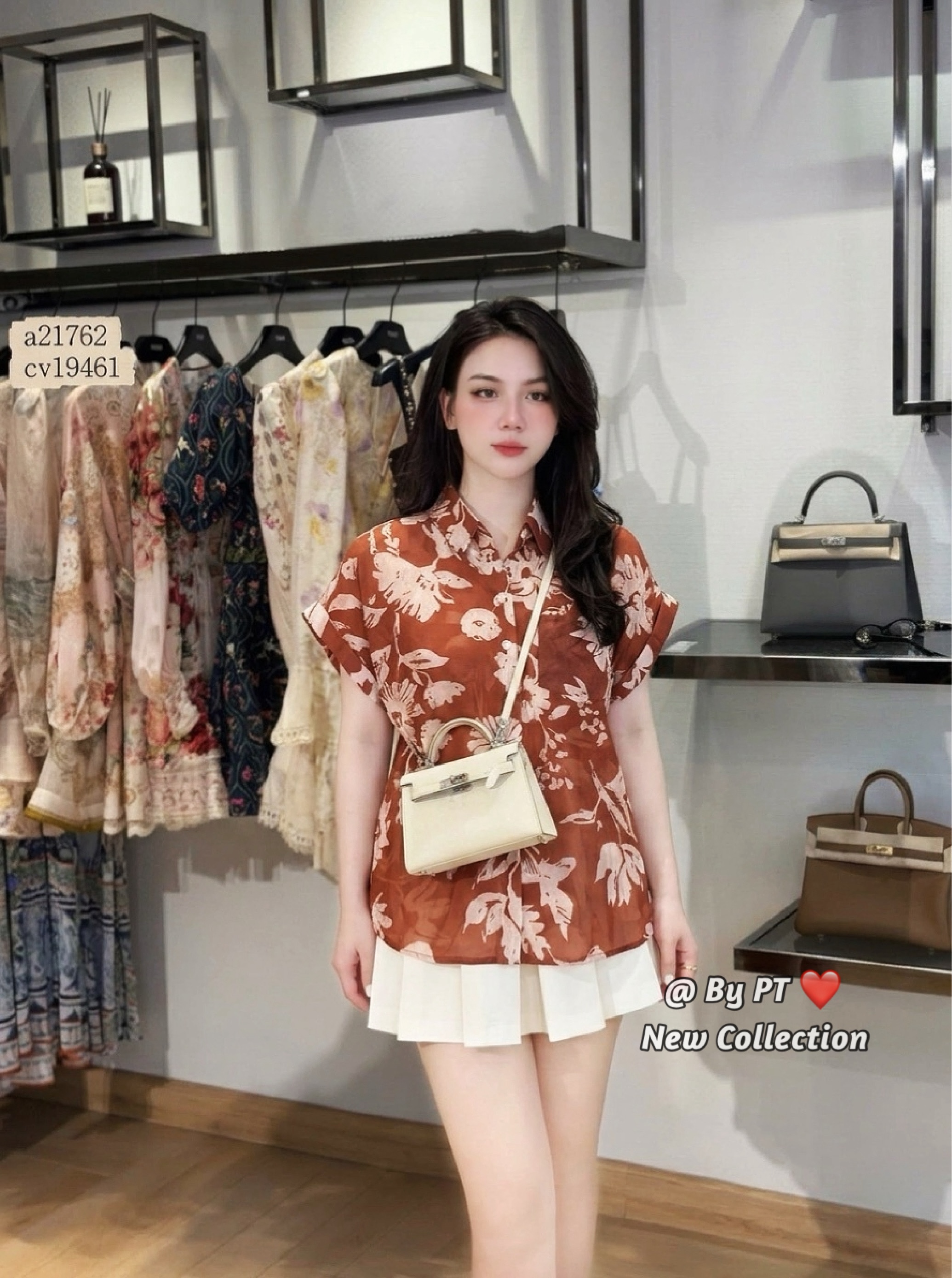A597 Áo sơ mi hoa đỏ tay dơi