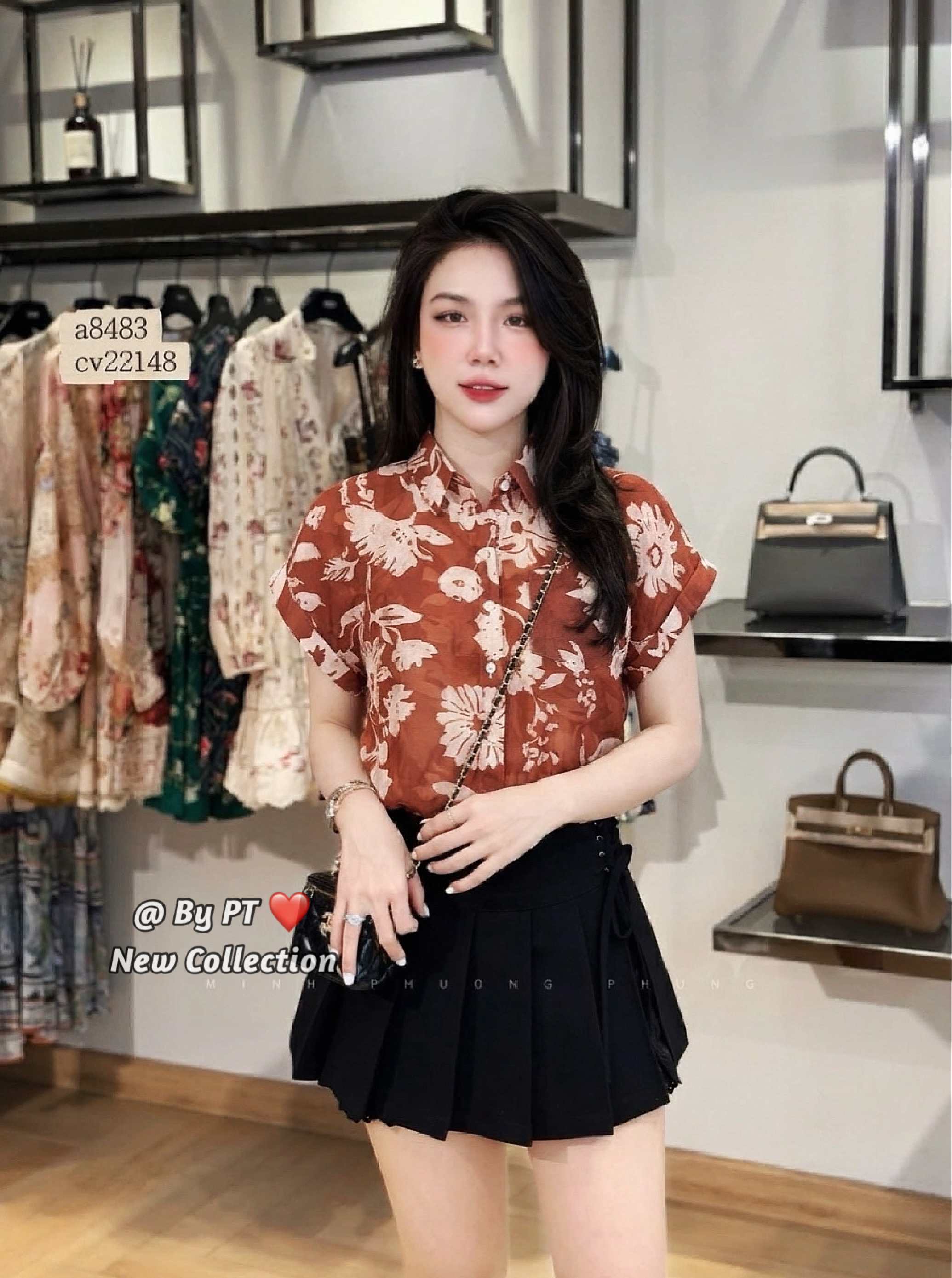 A597 Áo sơ mi hoa đỏ tay dơi