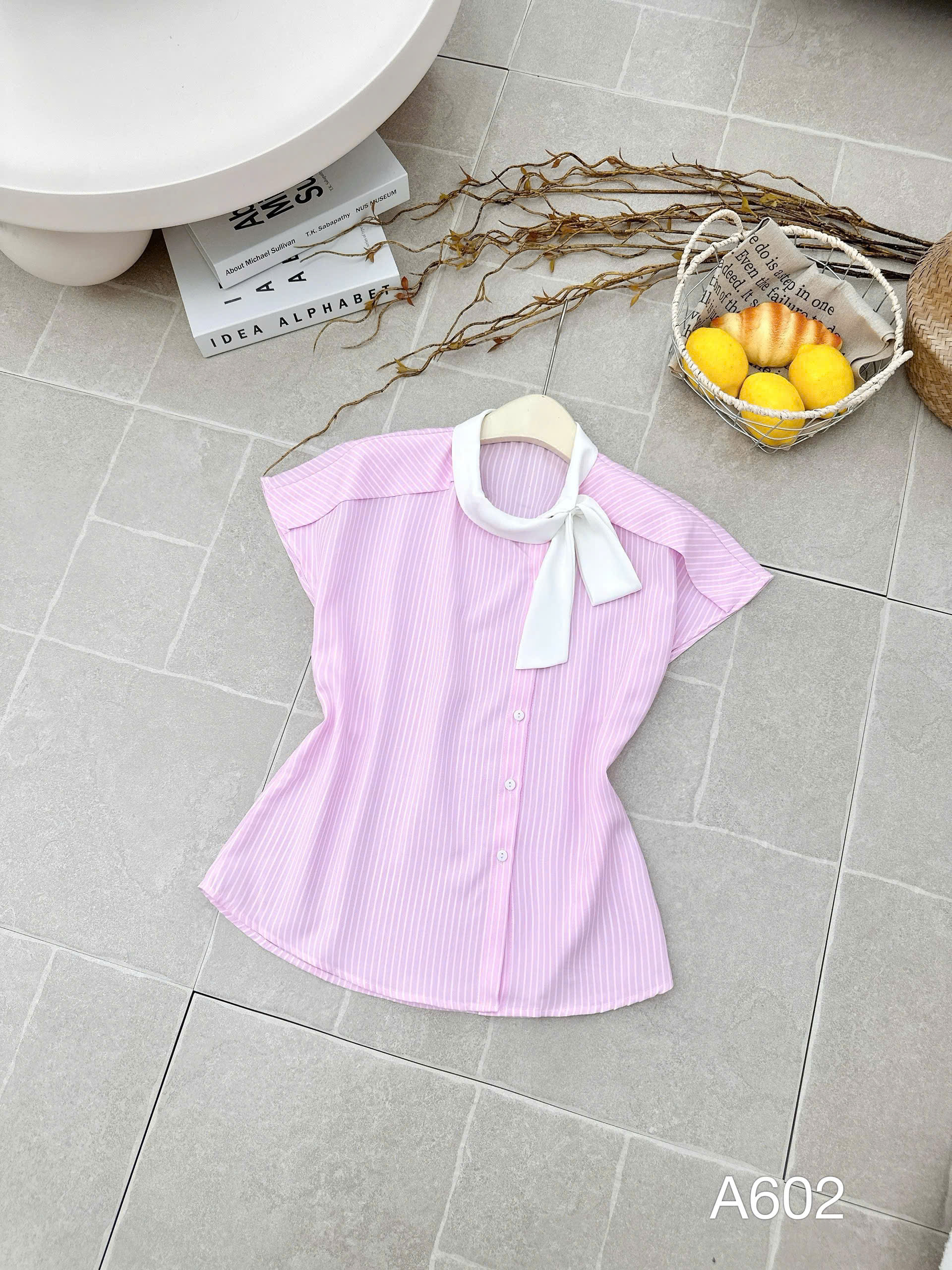 A602 Áo sơ mi kẻ tay hến nơ cổ
