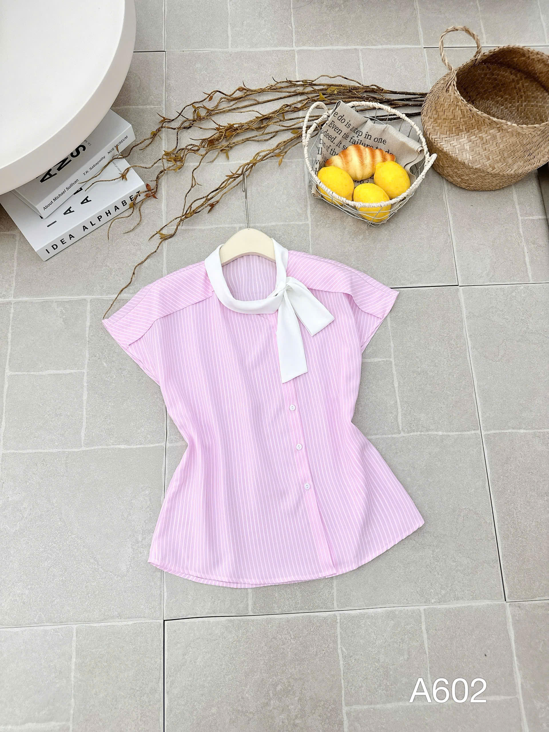 A602 Áo sơ mi kẻ tay hến nơ cổ