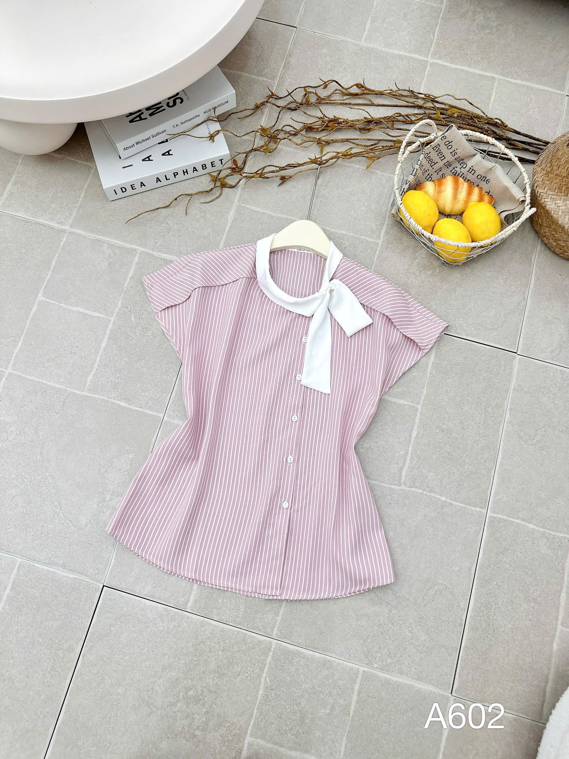 A602 Áo sơ mi kẻ tay hến nơ cổ