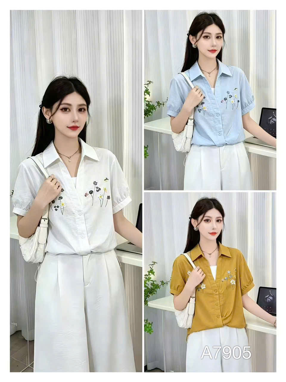 A609-7905 Áo sơ mi cổ V thêu hoa