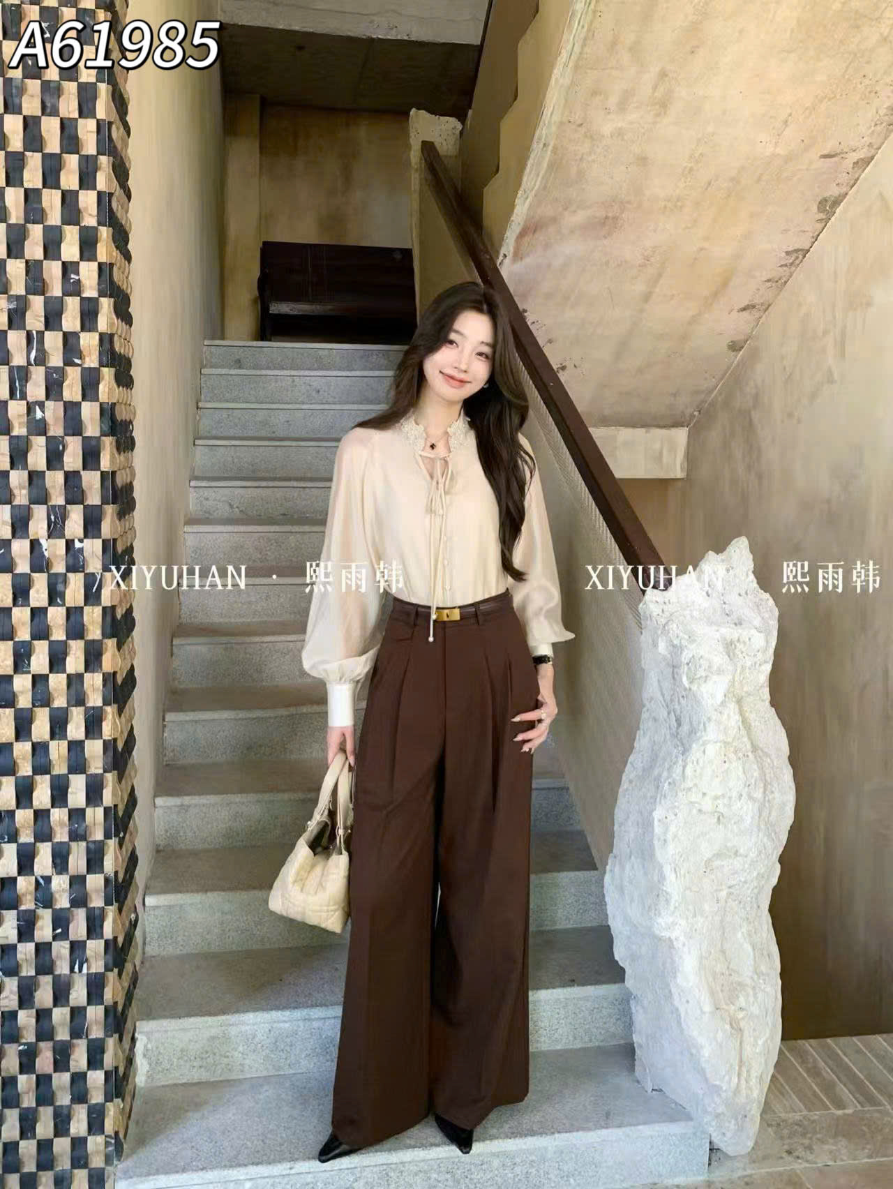 A61985 Áo sơ mi cổ ren nơ hoa QC