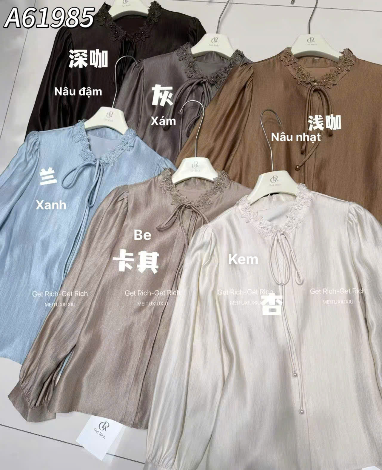 A61985 Áo sơ mi cổ ren nơ hoa QC