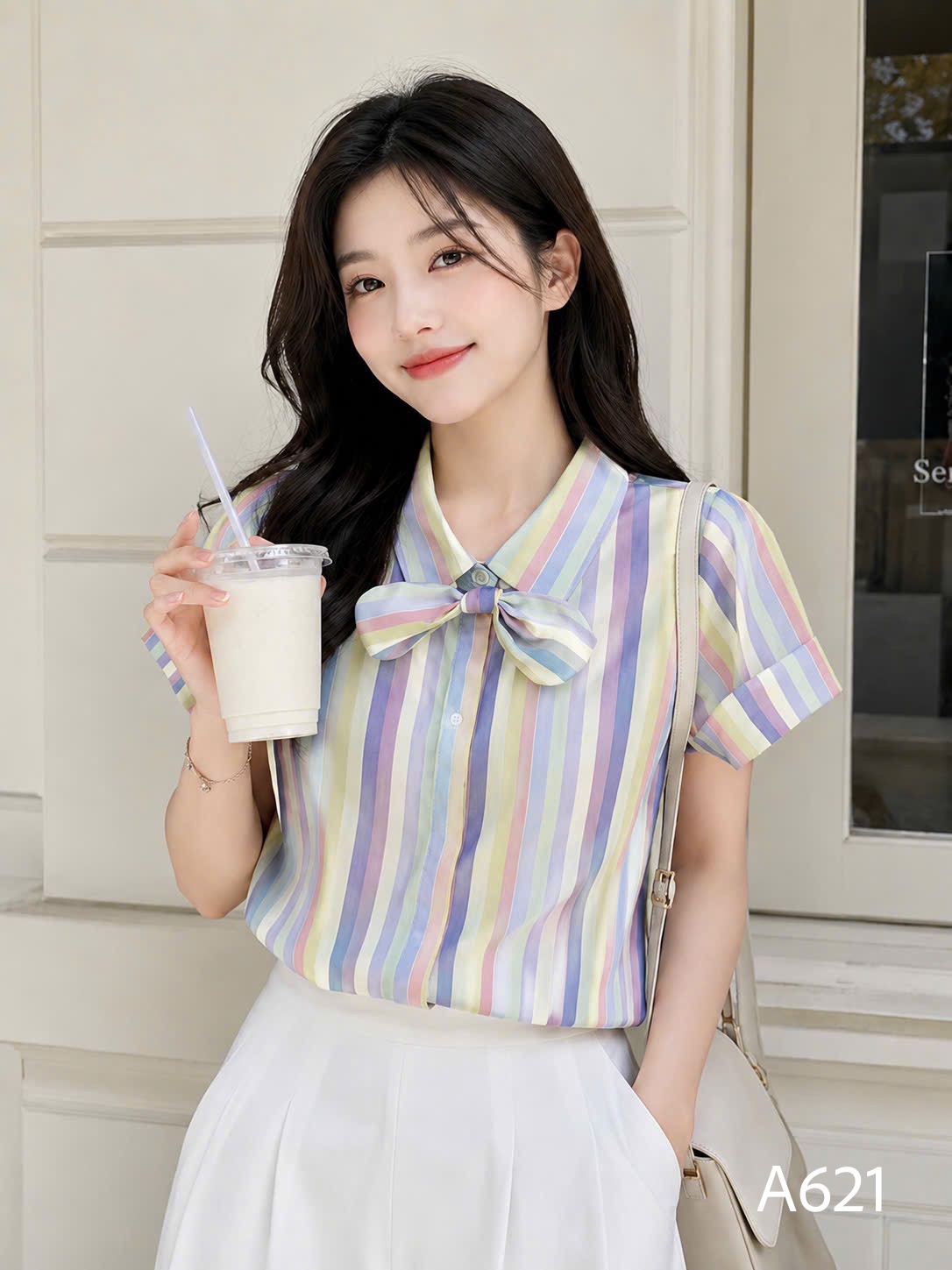 A621 Áo sơ mi cầu vồng cổ nơ