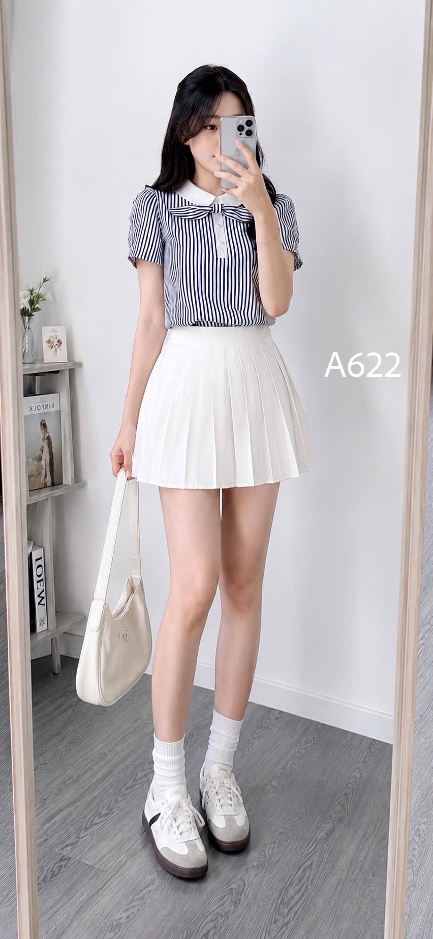A622 Áo sơ mi kẻ phối nơ