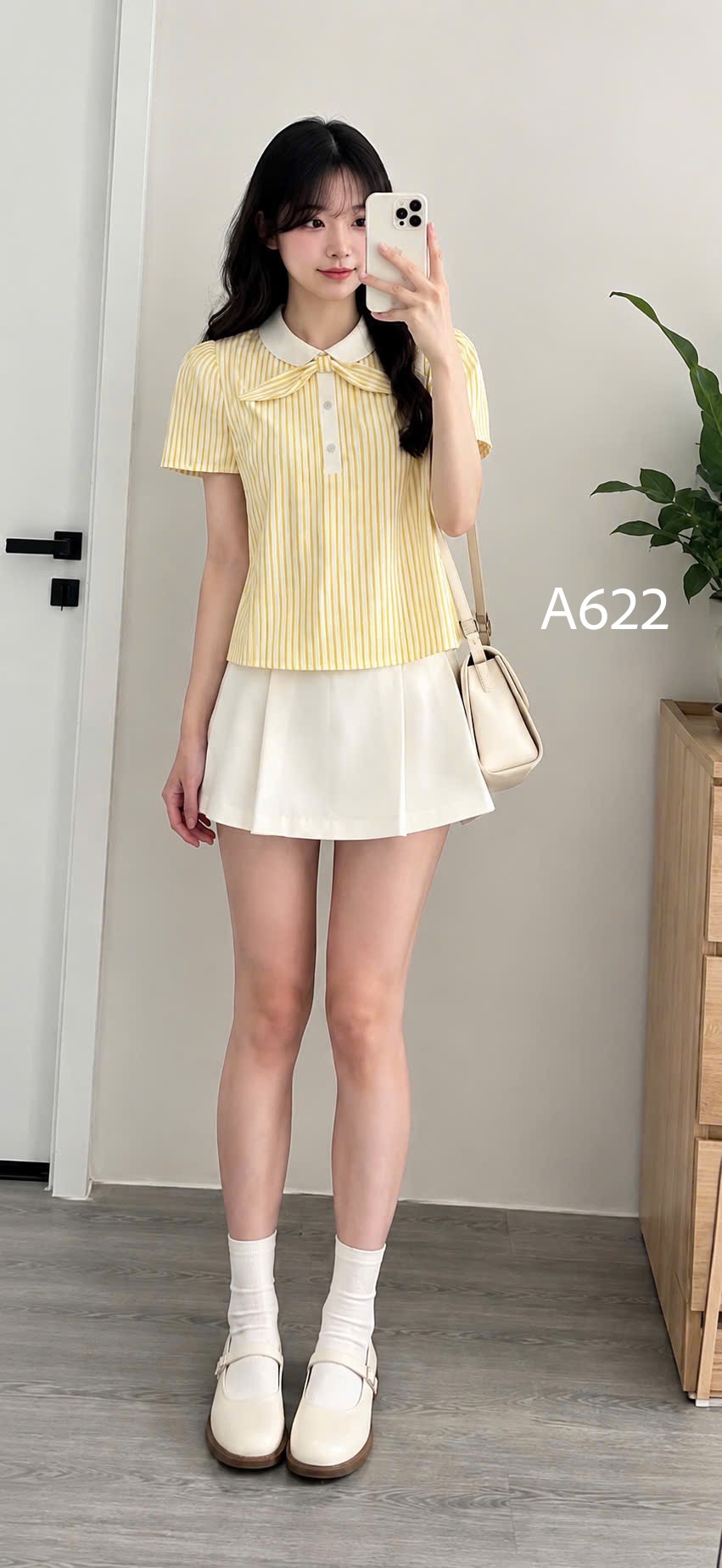 A622 Áo sơ mi kẻ phối nơ