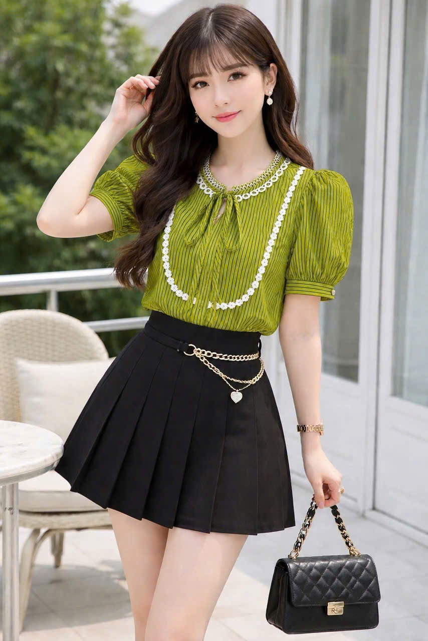 A623 Áo sơ mi kẻ viền hoa