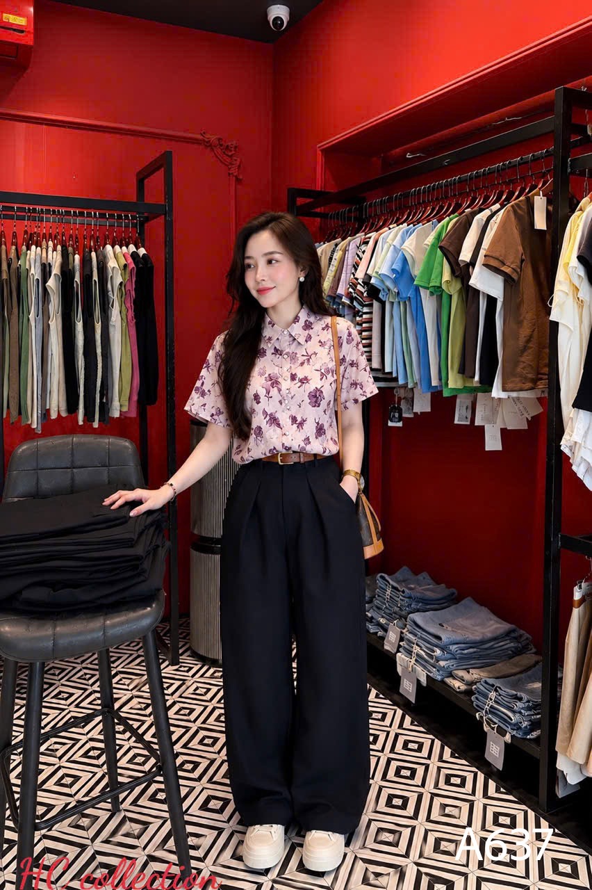 A637 Áo sơ mi hoa tay gập