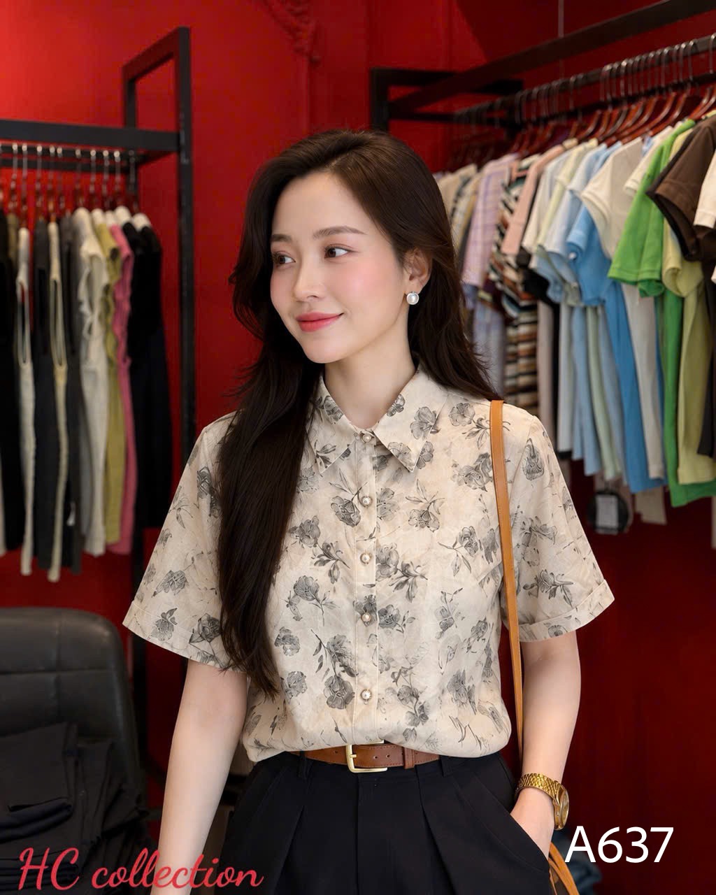 A637 Áo sơ mi hoa tay gập