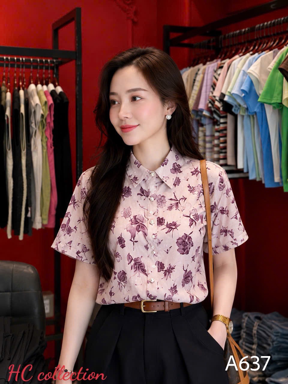 A637 Áo sơ mi hoa tay gập