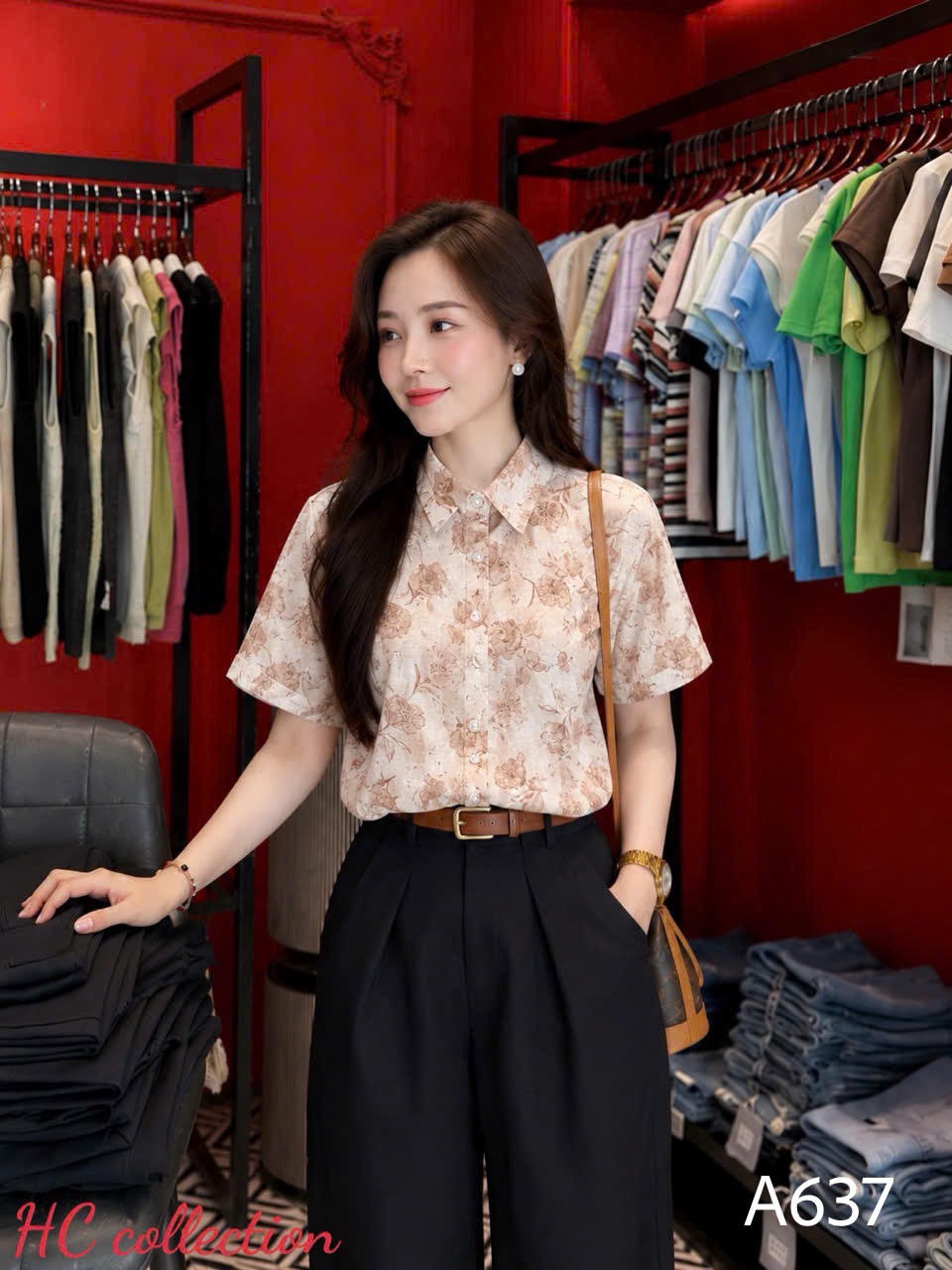 A637 Áo sơ mi hoa tay gập
