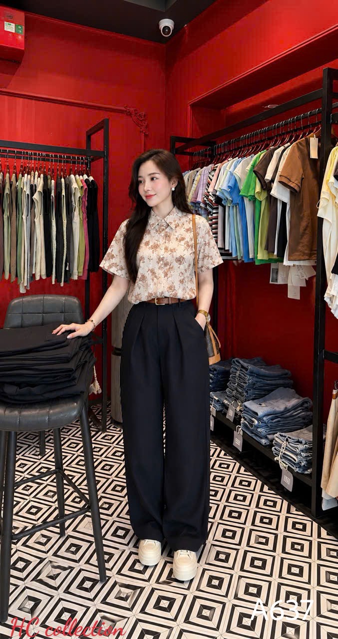A637 Áo sơ mi hoa tay gập