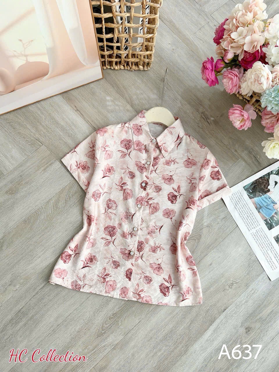 A637 Áo sơ mi hoa tay gập