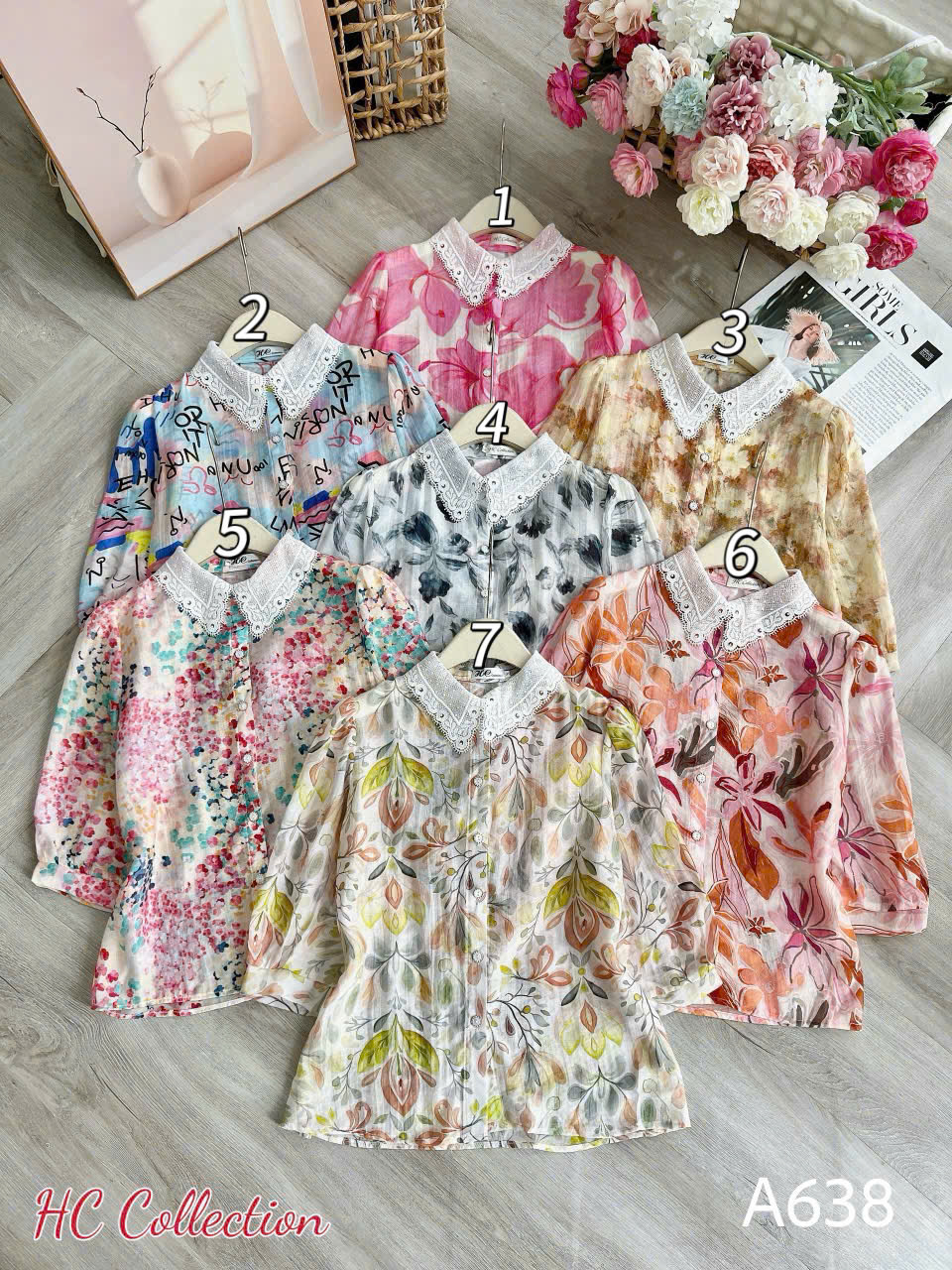 A638 Áo sơ mi họa tiết cổ ren