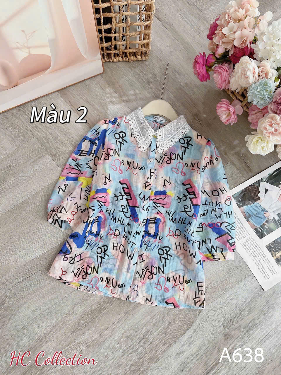 A638 Áo sơ mi họa tiết cổ ren