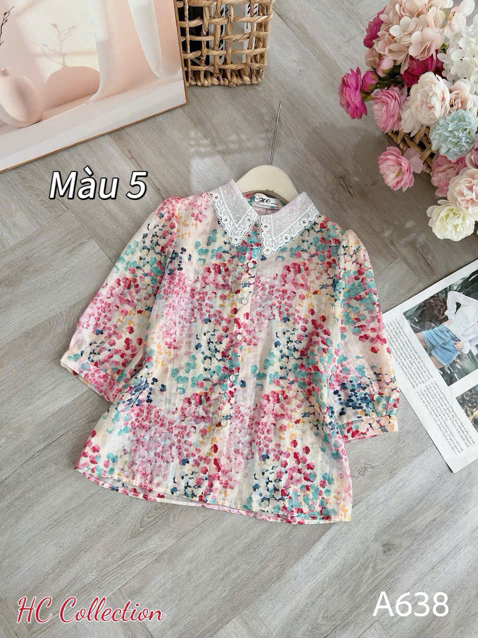 A638 Áo sơ mi họa tiết cổ ren