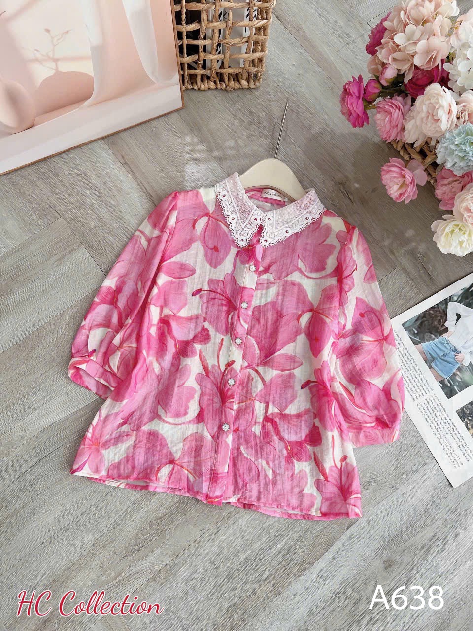 A638 Áo sơ mi họa tiết cổ ren