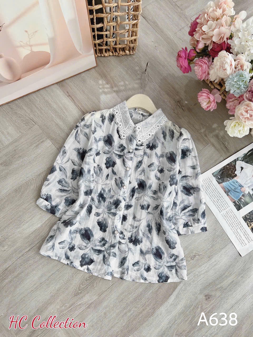 A638 Áo sơ mi họa tiết cổ ren