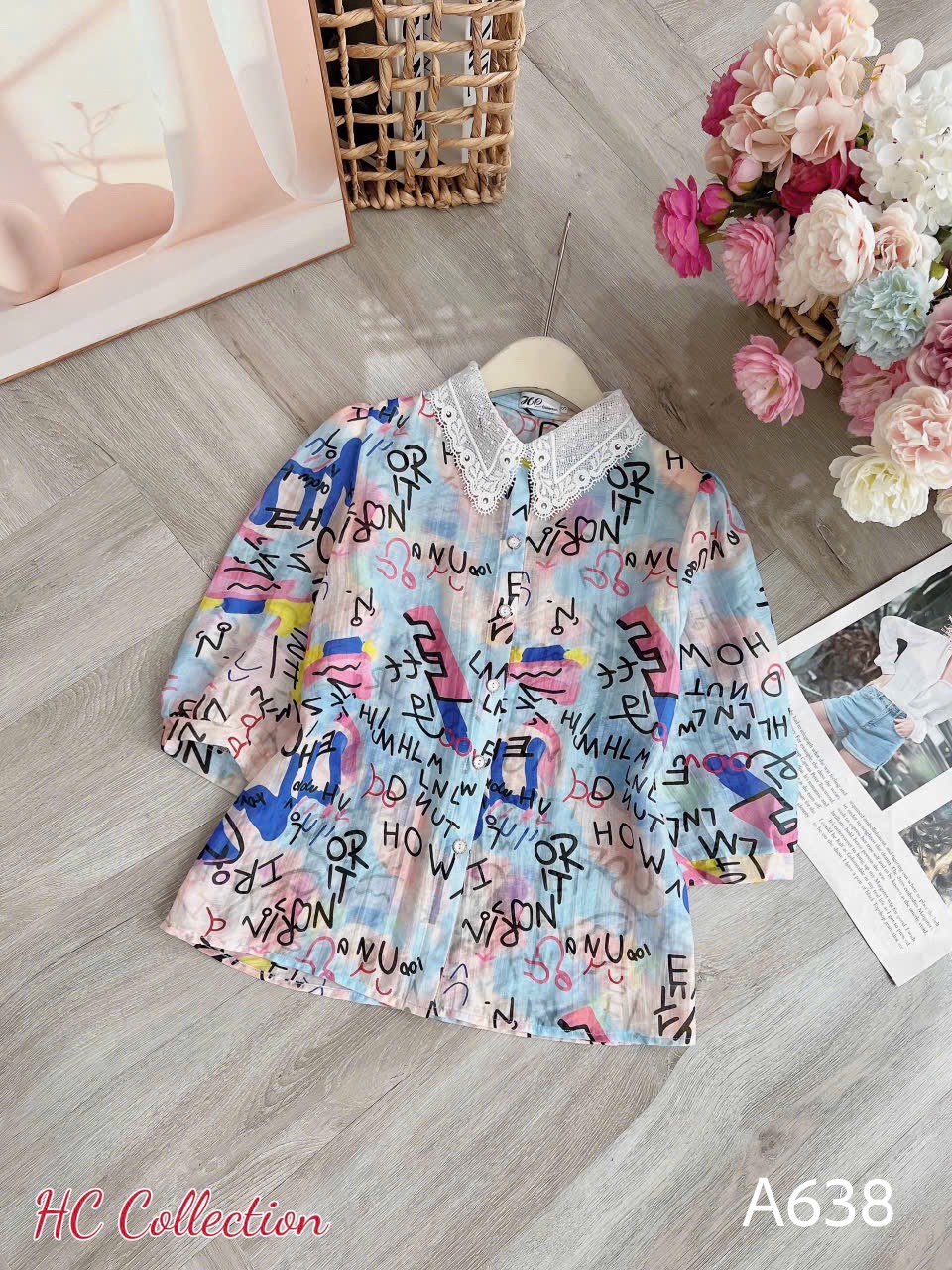 A638 Áo sơ mi họa tiết cổ ren