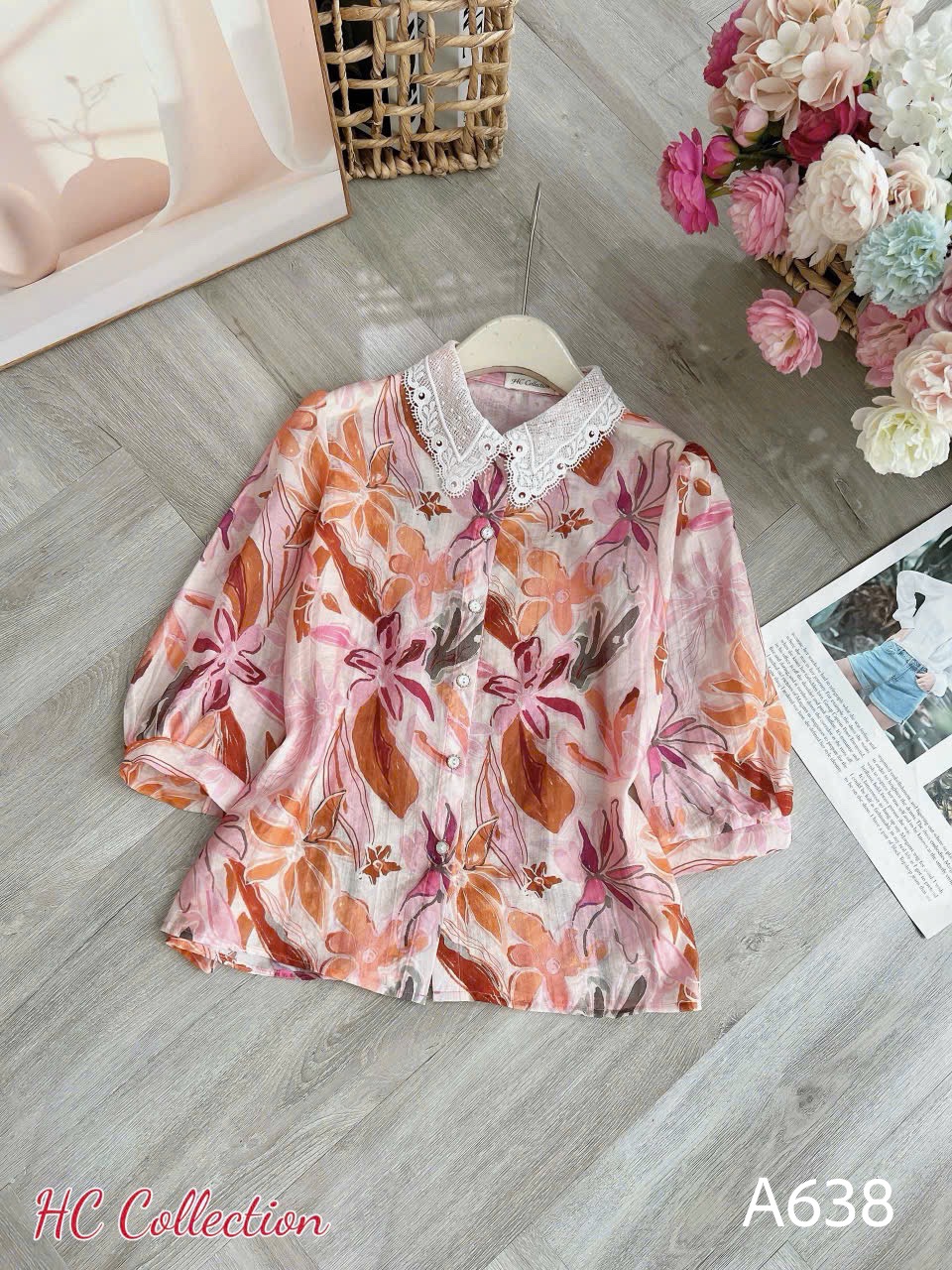 A638 Áo sơ mi họa tiết cổ ren